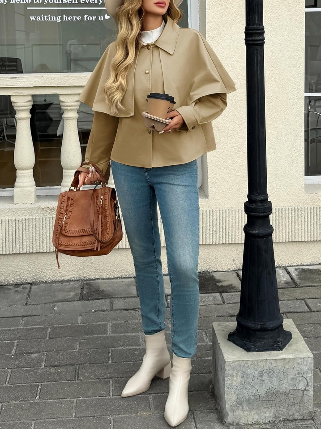 Tankaneo Womens Cropped Trench Coat Casual Lapel Single Breasted Cape Sleeve Short Jacket 2025 Fall Fashion Outerwear - Image 5