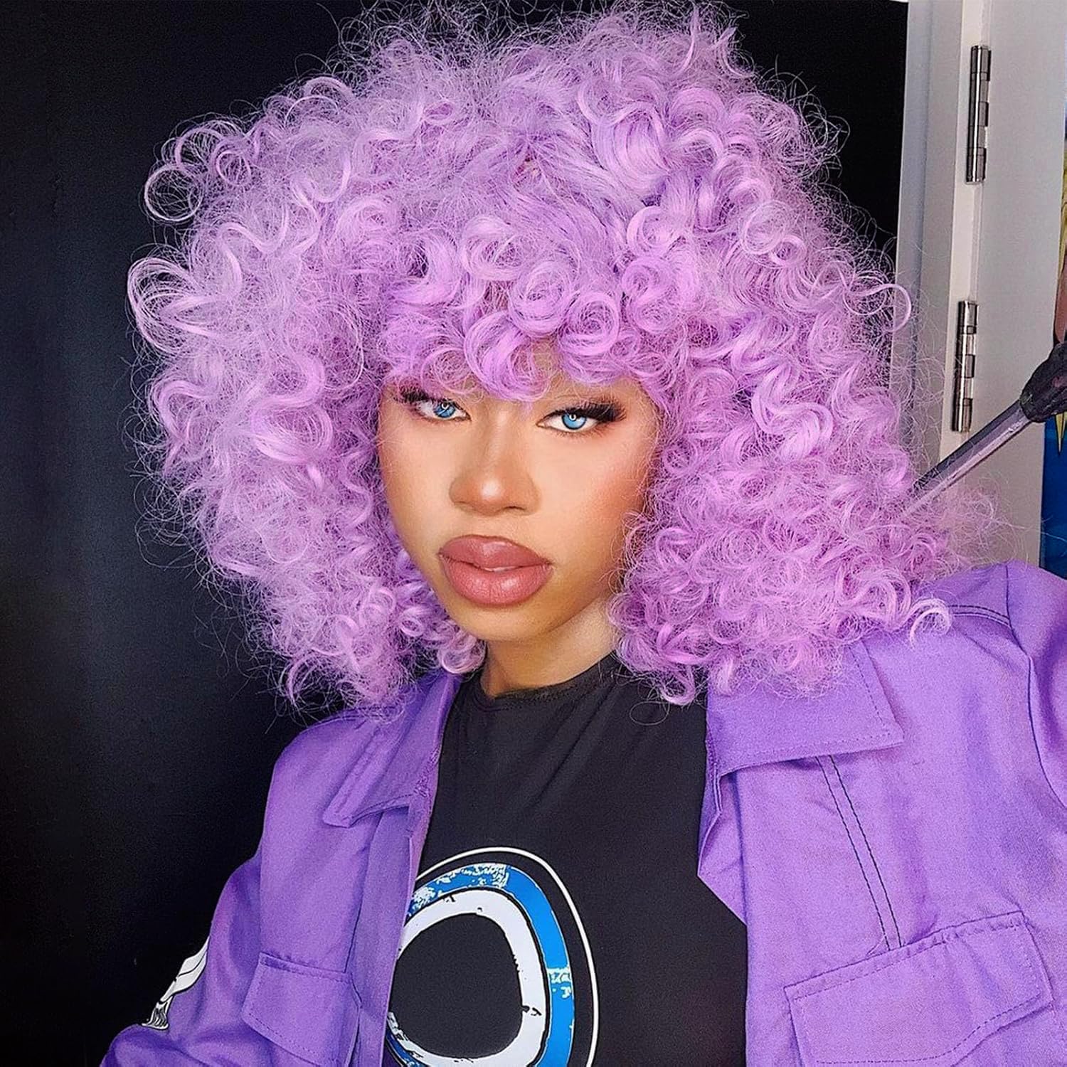 PORSMEER Purple Curly Wigs for Women Synthetic Hair Natural Loose Curly Afro Kinky Medium Wavy Bob 70’s 80'S Wig Black Women for Costume or Daily Wear(light purple)