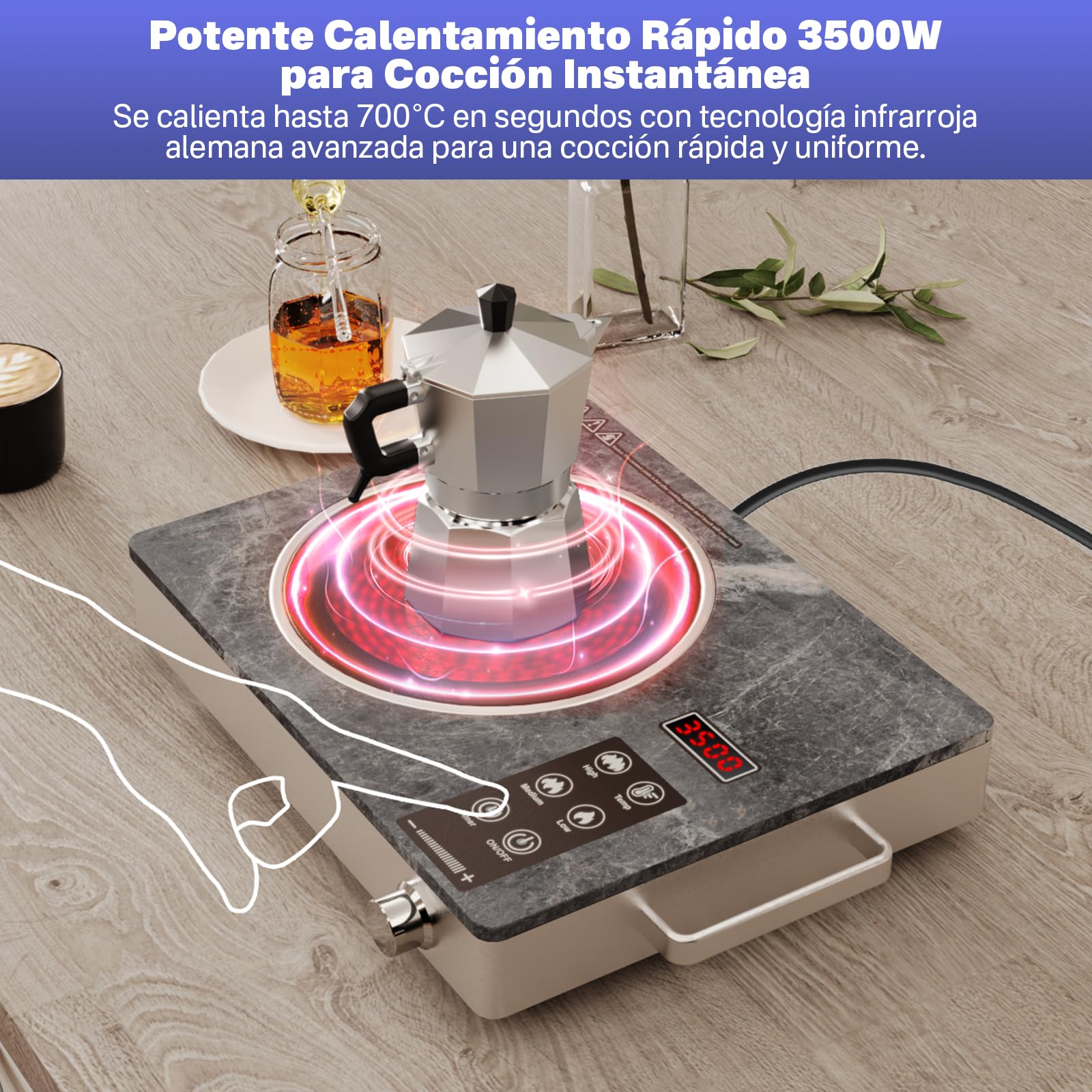 Placa Vitrocerámica Infrarroja 3500W | Cocina Eléctrica con Vidrio Microcristalino | Compatible con Todo Tipo de Sartenes | Funciones de Seguridad Integradas | Diseño Premium en Mármol