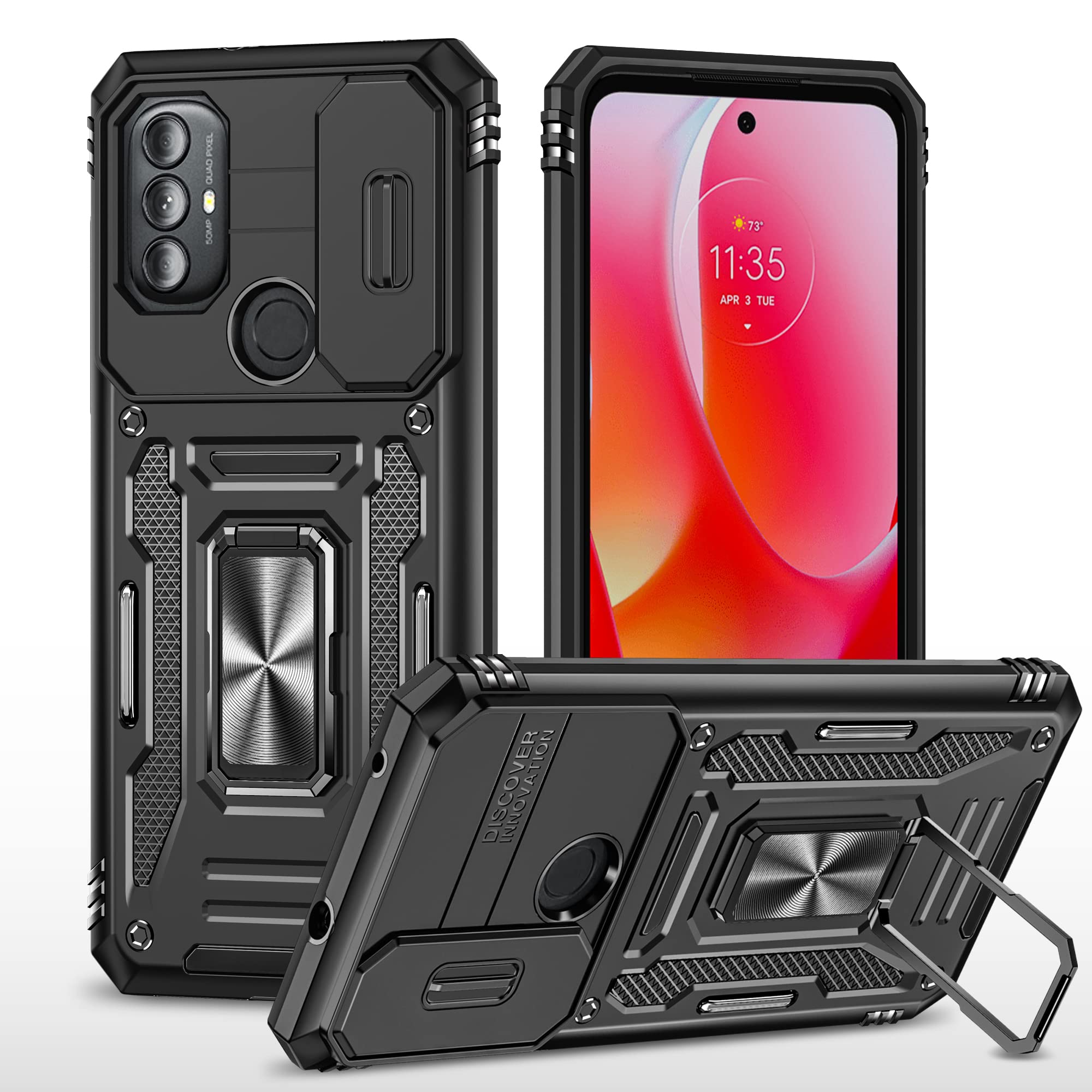 SKMYfor Moto G Power 2022 Case,Moto G Pure Phone Case with Camera Cover & 360°Kickstand Ring with Screen Protector, Military Grade Shockproof Protective Phone Case for Moto G Pure, Black Kickstand