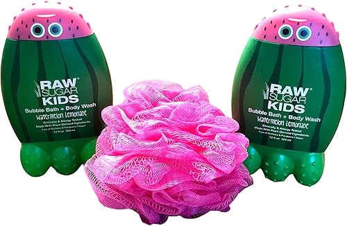 RAW Sugar Kids Bubble Bath and Body Wash Bundle 2 limonada de sandía (12 onzas cada una) + esponja rosada
