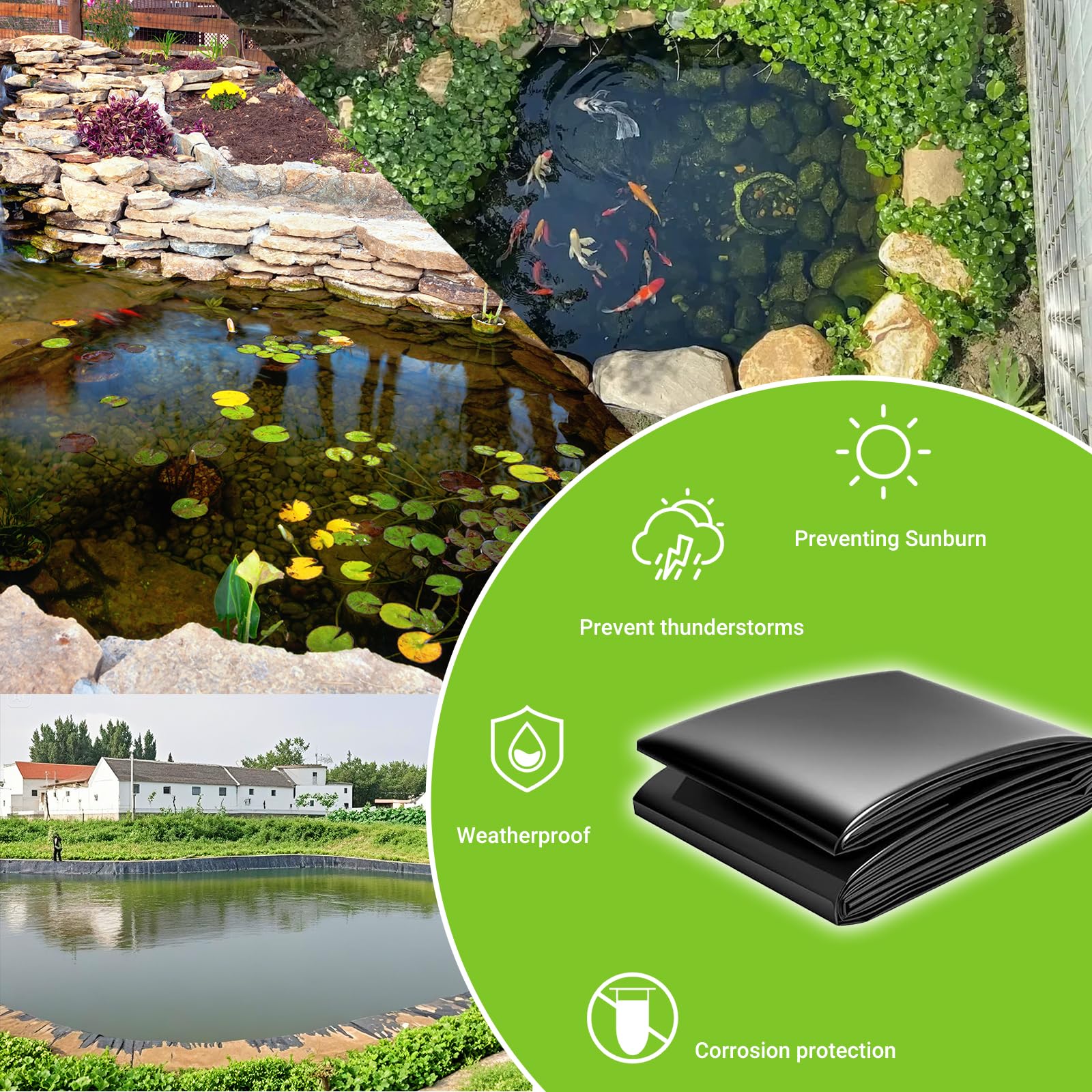 Rivestimento per laghetto in HDPE, 2 x 8 m, 6 x 12 m, 10 x 16 m, 14 x 14 m, per laghetti per pesci, stagni koi, fontane, cascate, fodere impermeabili per stagni