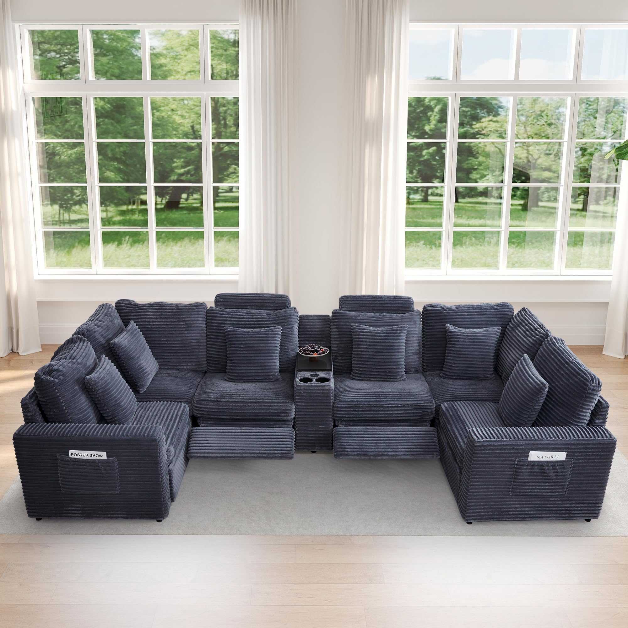 LEVNARY 6-Seat U Shaped Modular Sectional Sofa with Power Recliners, Faux Rabbit Fur Upholstery, Storage Console with Charging Ports &amp; Cup Holders, Living Room Couch Set for Home Office (Gray)