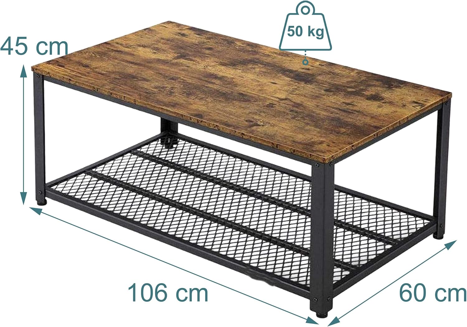 Diagram showing coffee table dimensions and weight capacity