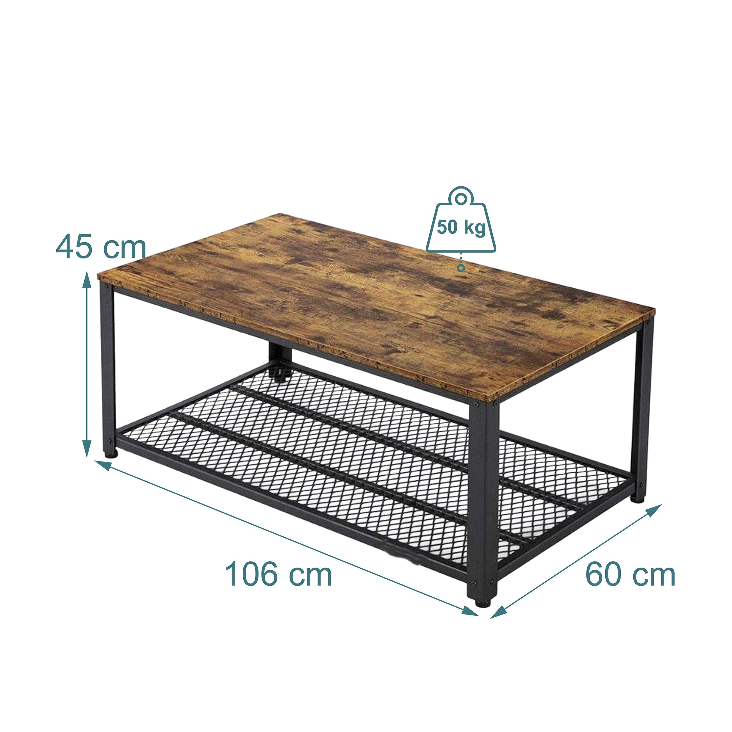 Relaxdays Mesa de Centro Industrial en Madera con Rejilla, 45x106x60 cm, marrón/Negro