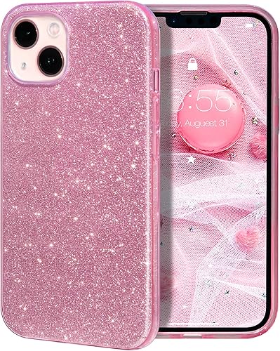MILPROX Funda compatible con iPhone 14  Carcasa de gel de goma brillante brillante con purpurina de 3 capas a prueba de golpes, color rosa