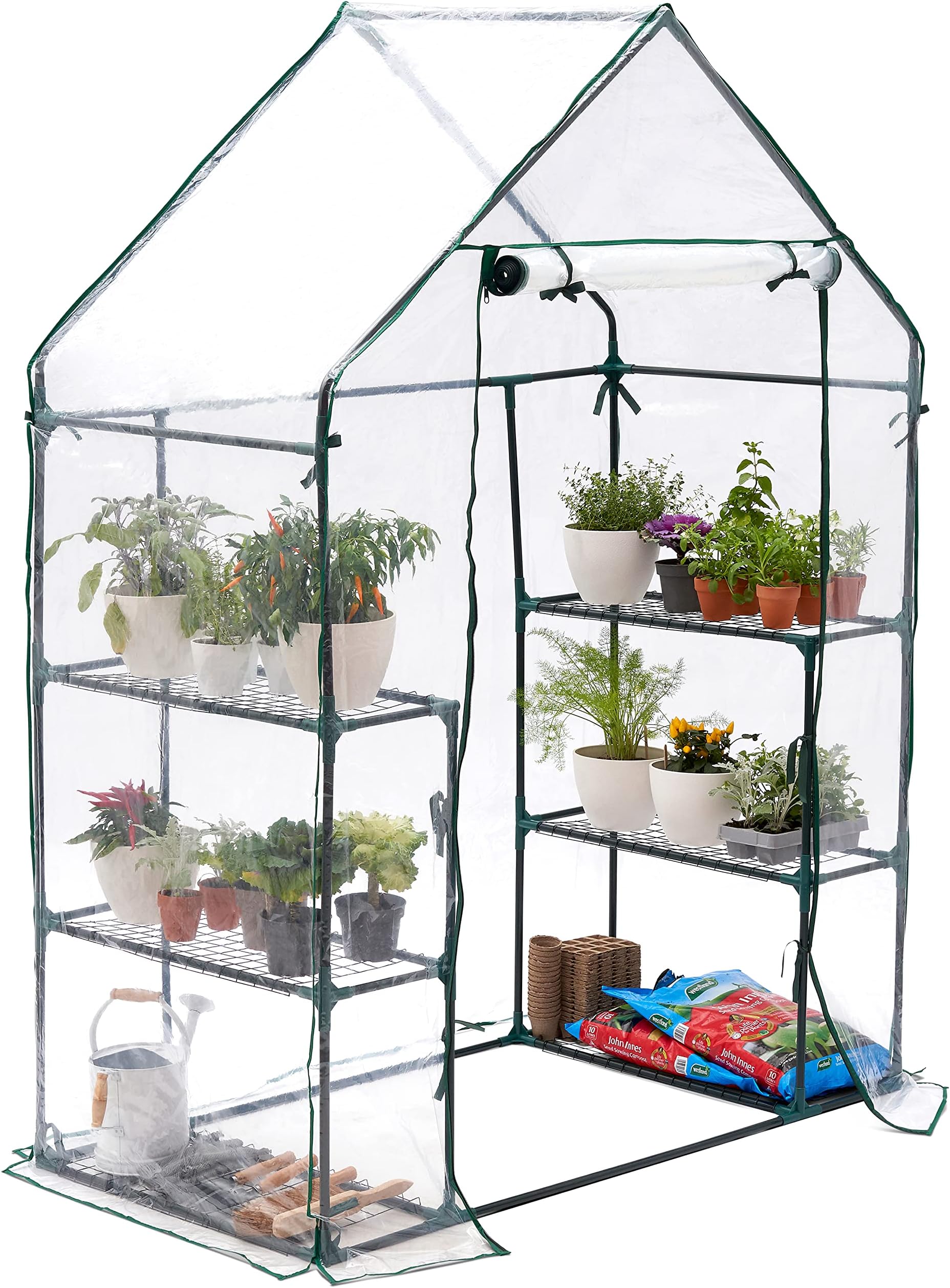 Garden Greenhouse with 6 Shelves (15 kg Max Weight per Shelf), Durable & Waterproof Tarpaulin, Ropes & Pegs – Strong & Easy to Assemble – 195 x 143 x 73 cm