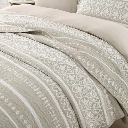 Miniatura 3 de Juego de edredón de tamaño Queen, 100% algodón, bohemio, acolchado, bohemio, tamaño Queen, color beige, blanco, a rayas, reversible, ligero, para