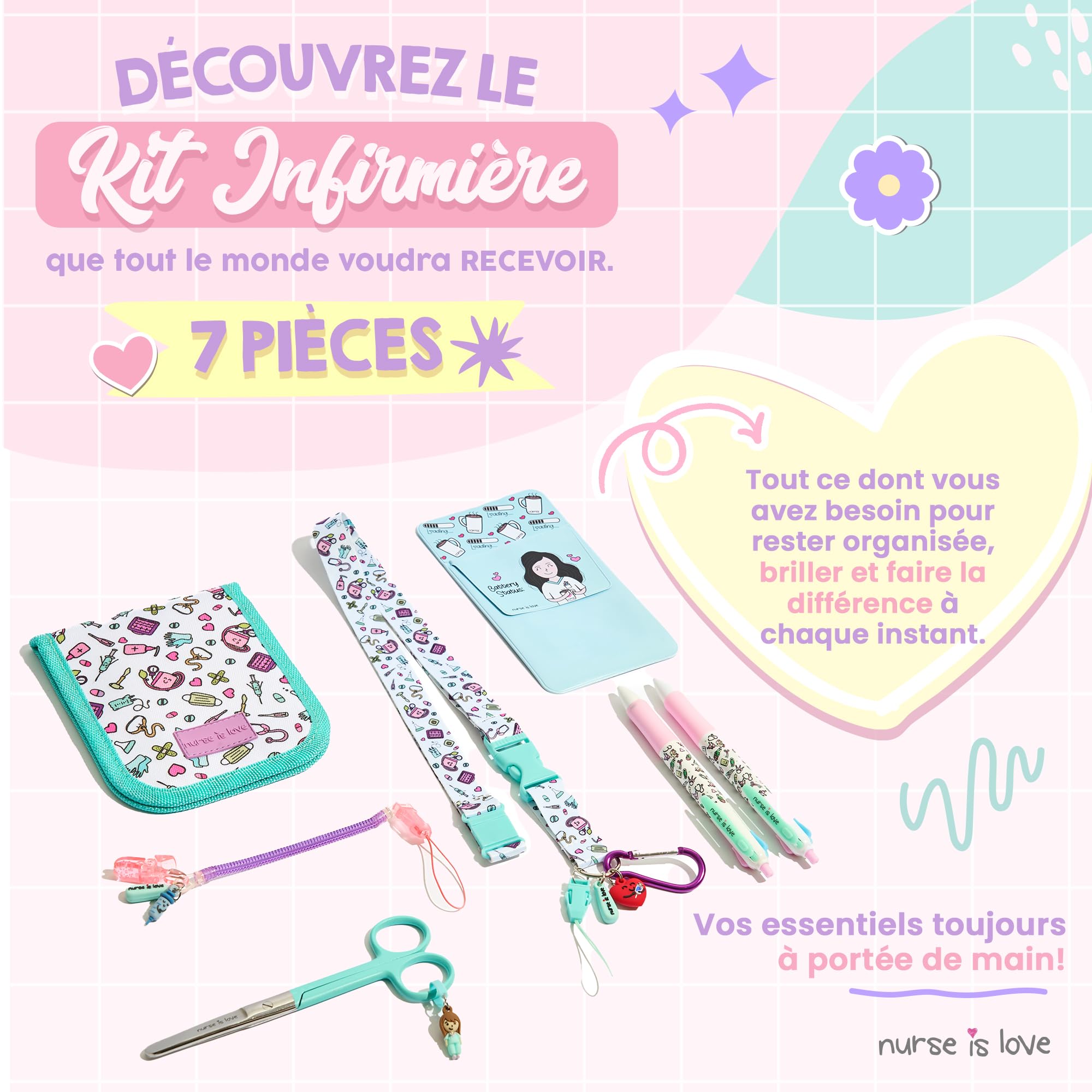 Nurse is Love Cadeau Infirmiere Set De 5 Pcs. | Tour De Cou Badge - Porte-Badge + Ciseaux + 2 Pochette Infirmiere avec 2 Stylo Personnalisé Multi-Encre + Porte-Ciseaux | Infirmiere Accessoires & AS