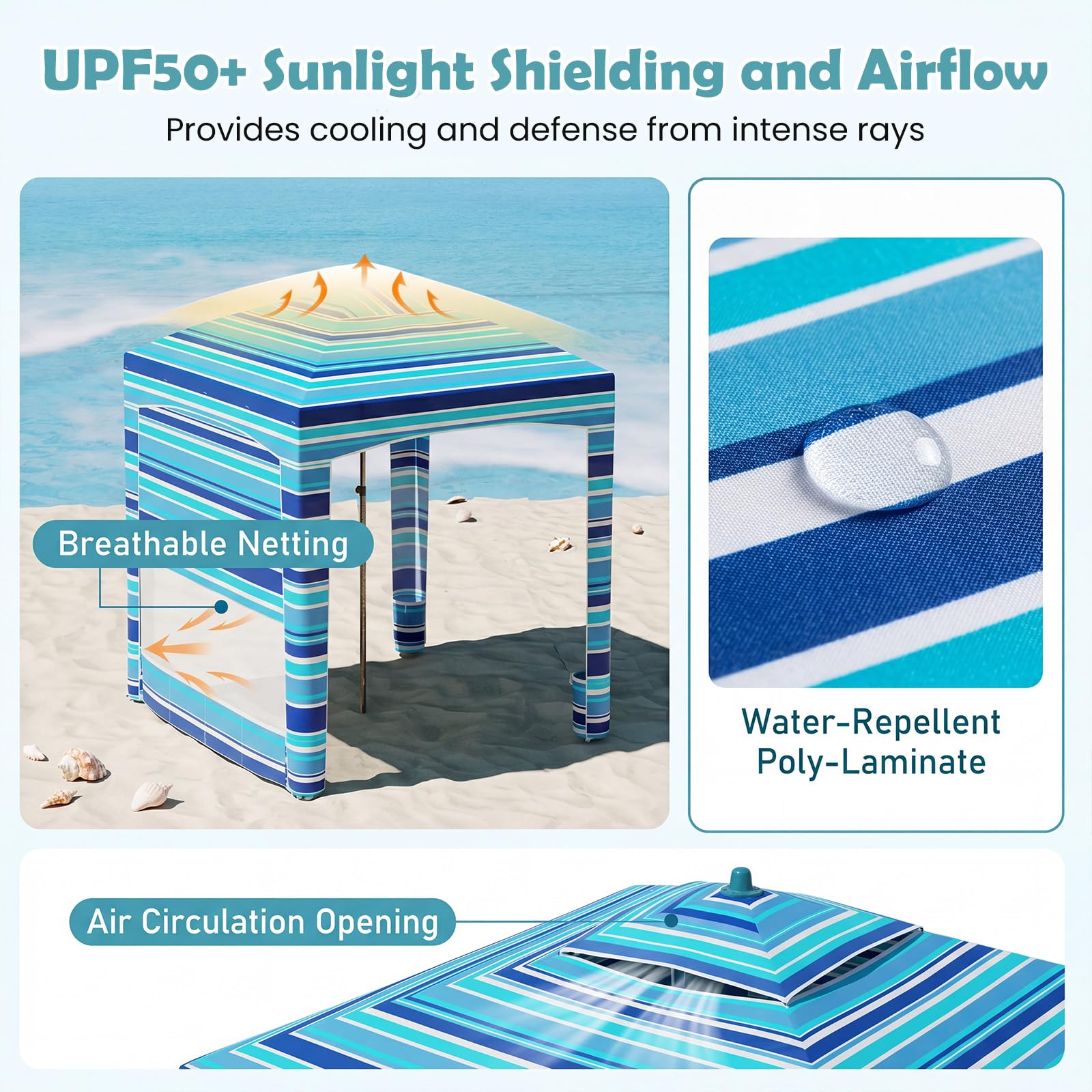 SOARS Tenda da Spiaggia Portatile con Parete Rimovibile 185x185 cm | Tenda da Mare Regolabile in Altezza, Parasole con Tasche Portaoggetti e Borsa da Trasporto, per Campeggio e Picnic