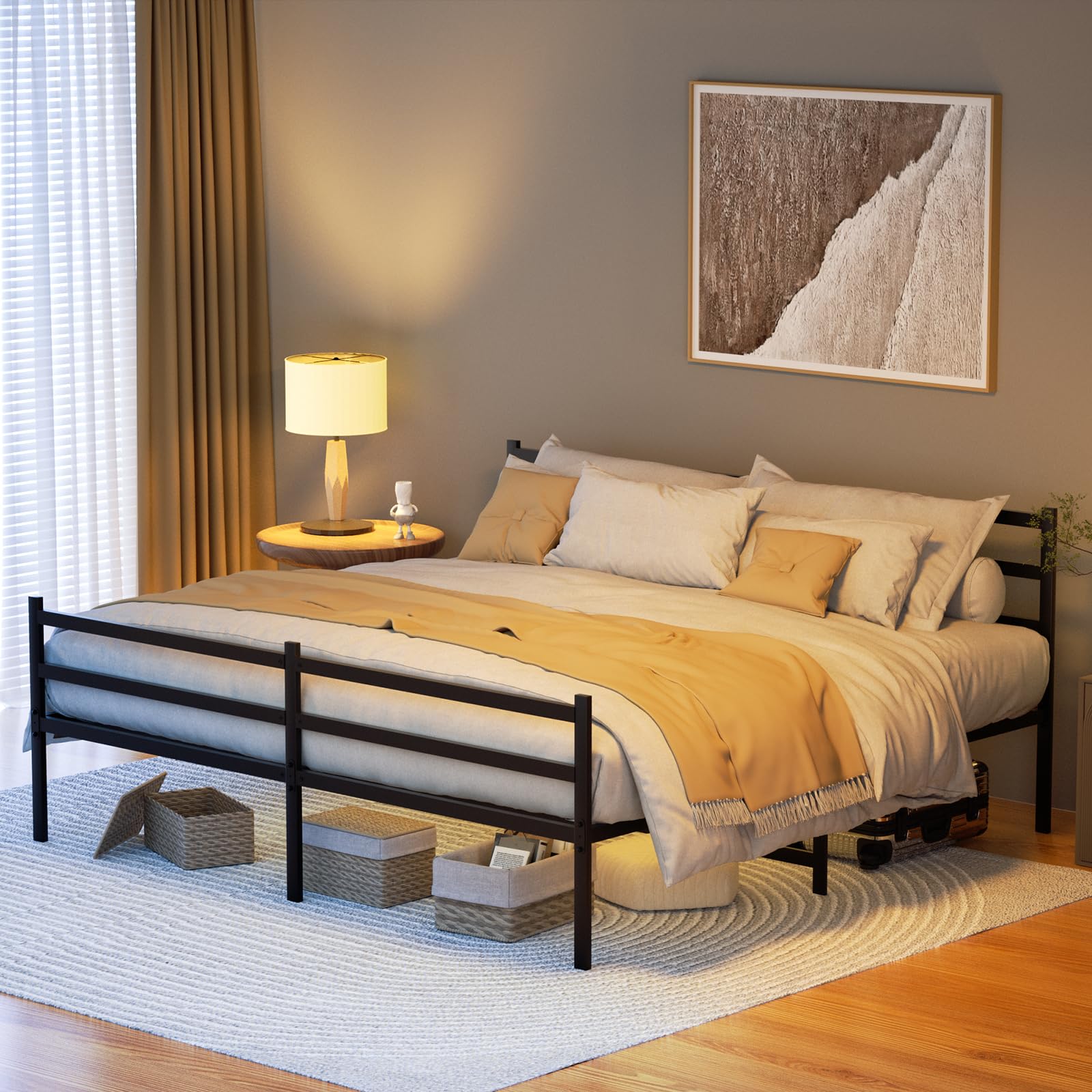 Queen Bed Frame, Metal Bed Frame Queen Size with Headboard,Platform Metal Bed Frame Queen W/Underbed Storage, Platform Bed FrameW/Heavy Duty Steel Slats, Noise Free,More Sturdy,Easy Assembly