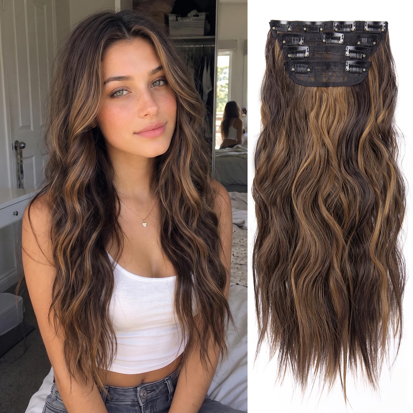 Photo 1 of 4PCS Clip in Hair Extensions for Women Brown Highlighted Caramel Blonde Long Wavy Thick Hair Extensions Clip in Double Weft Hair Extension for Daliy Use (4pcs, 20Inch, H2/426#)
