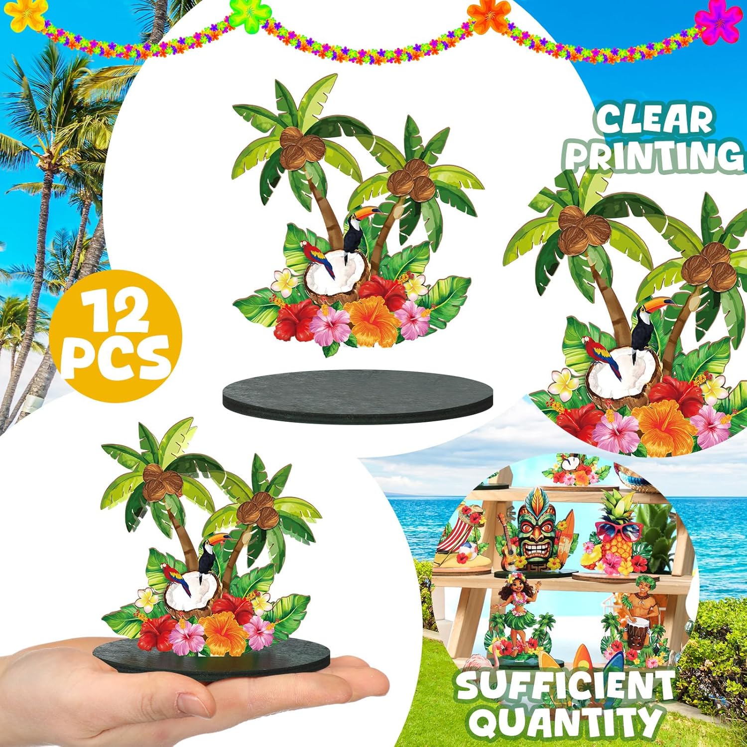 12 Pcs Hawaiian Luau Party Table Decorations Tiki Totem Table Centerpiece Wooden Tropical Aloha Signs Decor for Hawaiian Tiki Bar Birthday Wedding Beach Pool Party Supplies