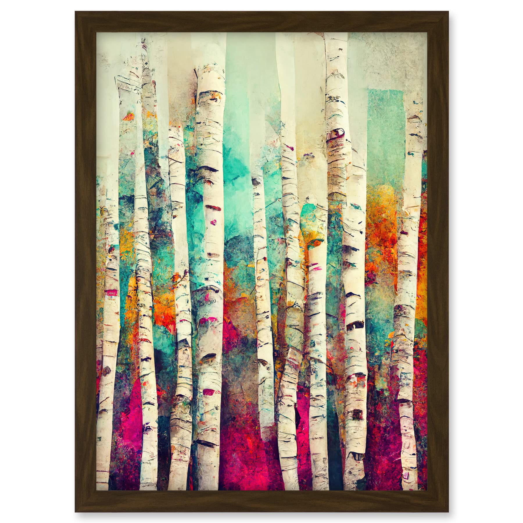 Wee Blue Coo Abstract Multi Coloured Birch Tree Forest Vibrant Colourful Oil Painting Artwork Framed A3 Wall Art Print