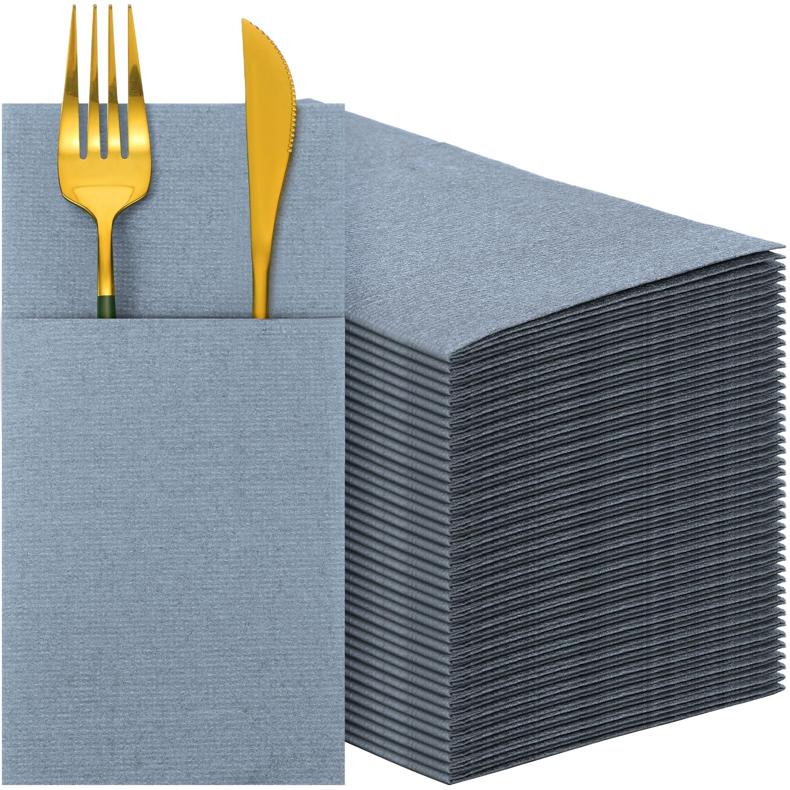 Qilery 200 tovaglioli di carta airlaid, usa e getta, prepiegati, con tasca integrata per posate, per San Valentino, matrimoni, feste, Natale (blu polvere)