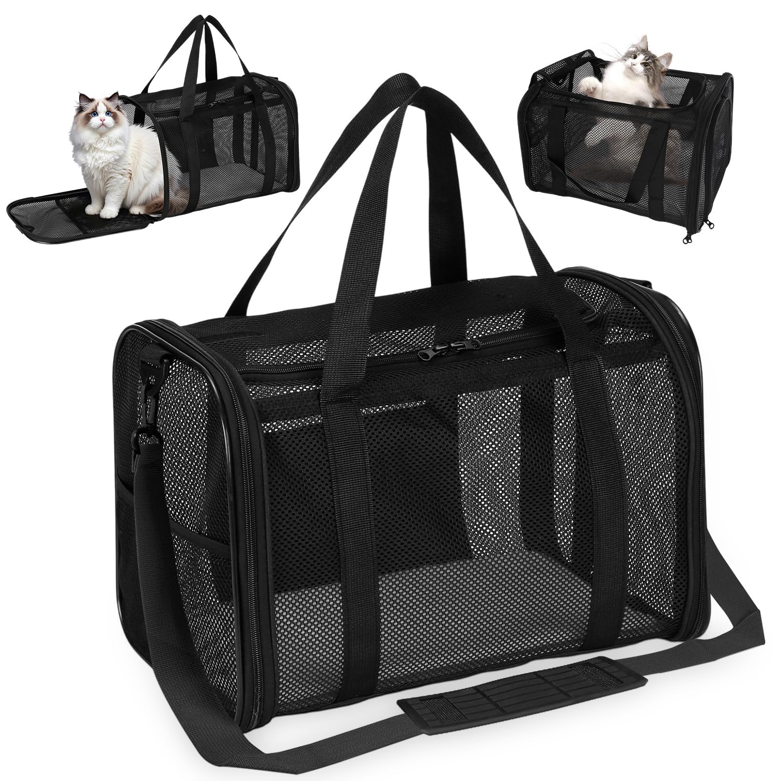 Borsa per gatti traspirante,Trasportino per Cani Portatile e Ripiegabile,Trasportino Gatto Cane,Trasportino per Gatti Con Tappetino Rimovibile e Tracolla,per Viaggio,Nero