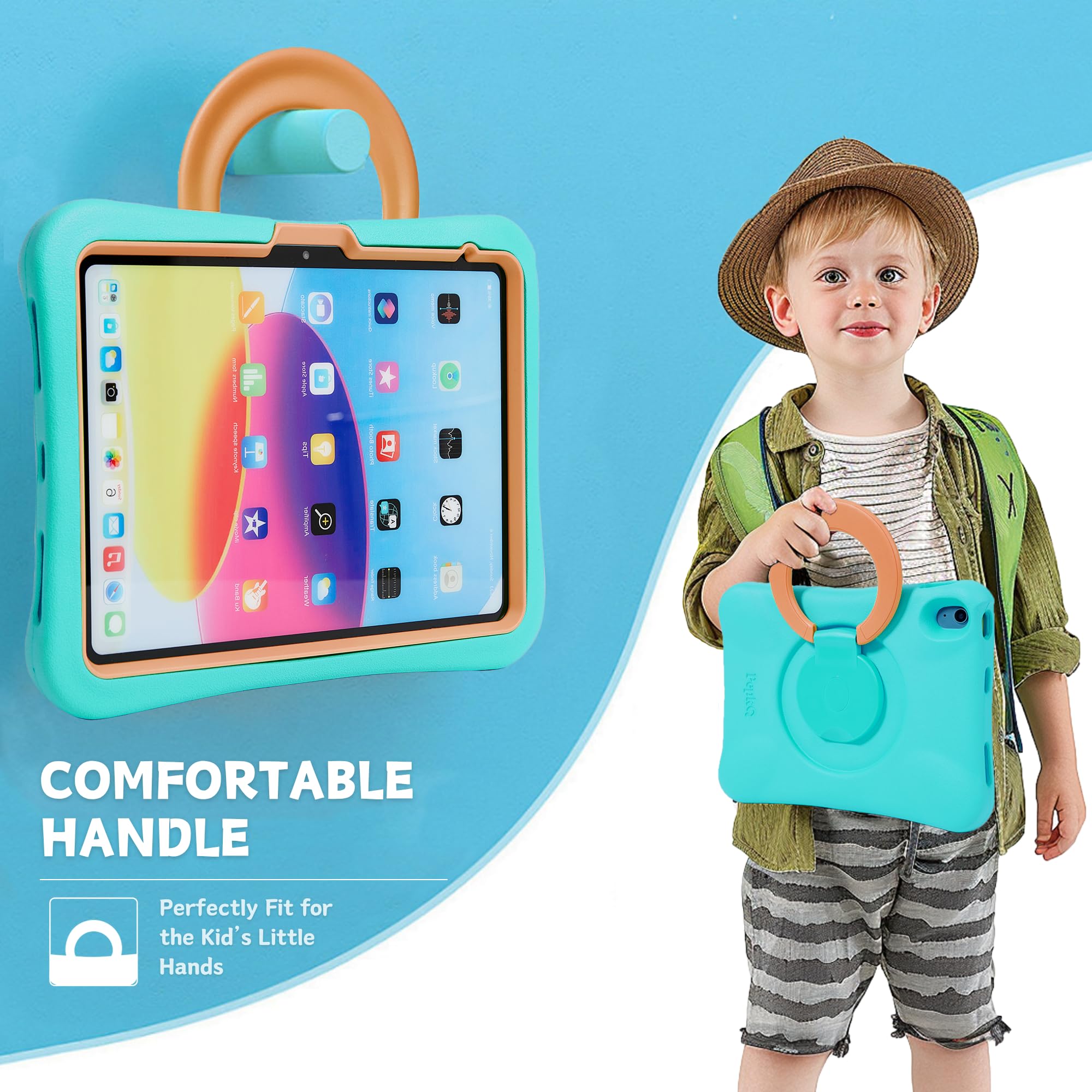 Custodia per Bambini per iPad, Cover Antiurto per iPad 10,9" 10a Generazione (2022), Custodia Protettiva Leggera per Tutto il Corpo con Maniglia/Supporto Pieghevole (Menta + Arancione)