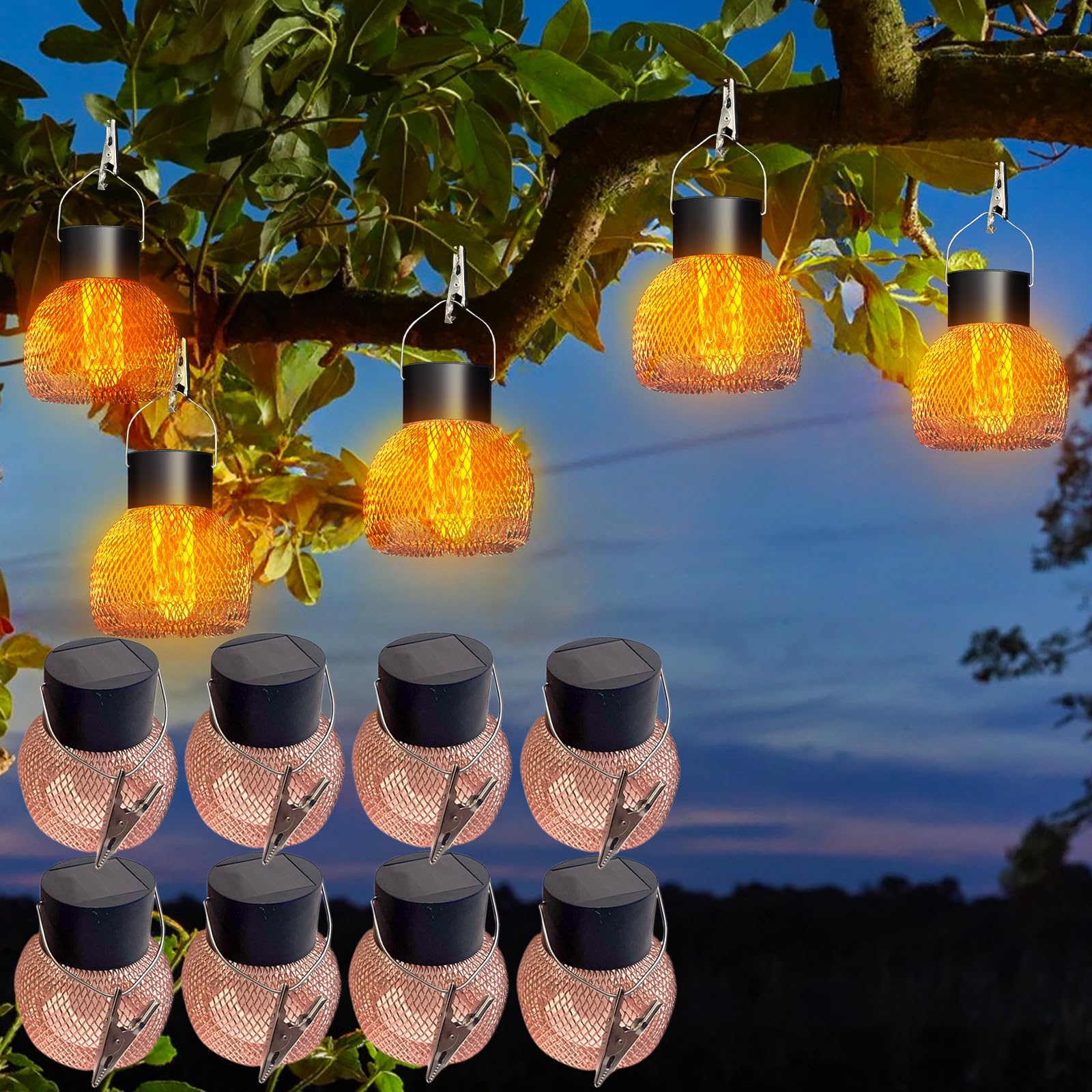 Solarne migoczące lampiony, metalowe, wodoodporne, dekoracyjne lampy wiszące z realistycznym efektem płomienia, do ogrodu, na patio i ścieżkę, 4/8 szt., 8 szt. (8)
