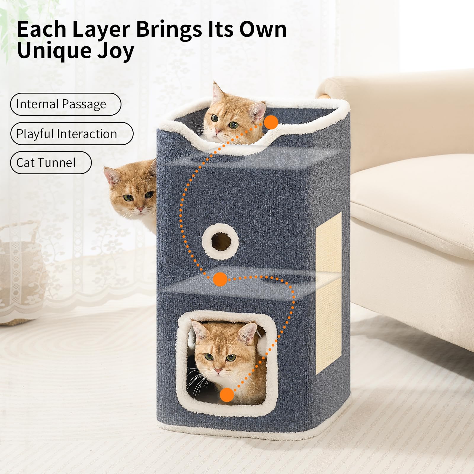 Cat Beds for Indoor Cats, Cat House 2-Story, Cat Condo with Stable Frame and Large Scratch Pad, 24'' Durable Cat Cube Playhouse with Dangling Balls, Perfect for Multiple Pets