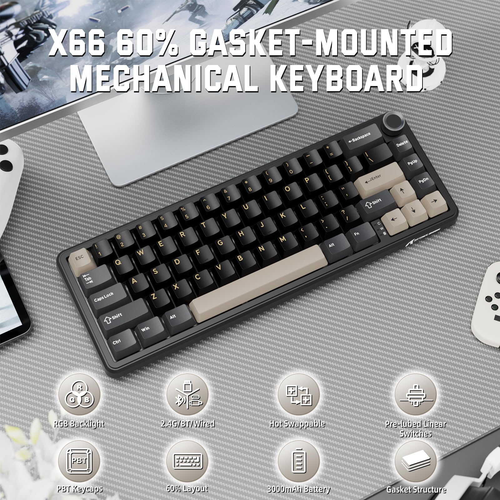 MAMBASNAKE X Attack Shark X66 Teclado Mecánico Inalámbrico Al 65% con Perilla, Teclado para Juegos RGB con Intercambiables En Caliente 60%, BT/2,4 G/USB-C, Interruptor Lineal, Tecla PBT-Starry Black