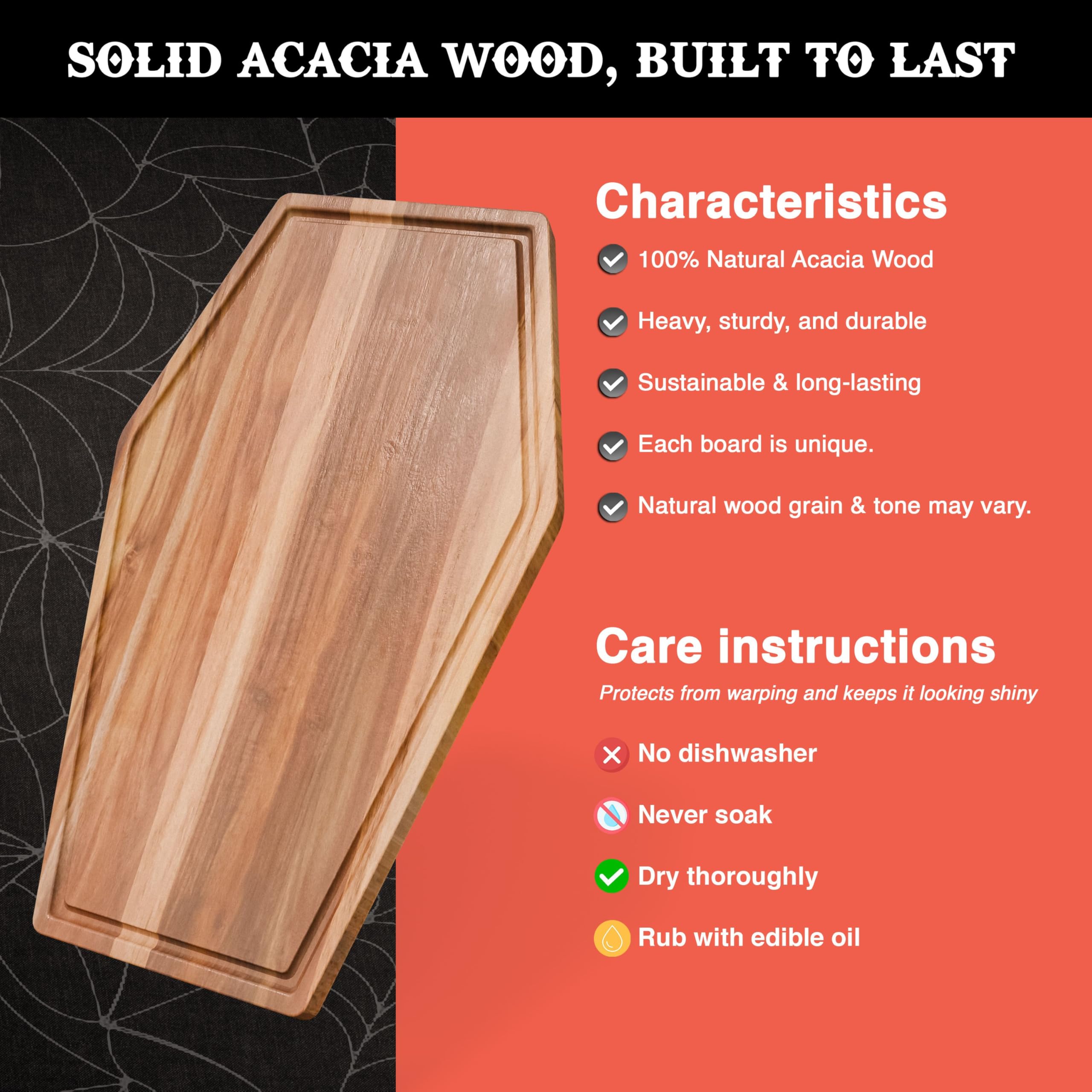 Großes Sarg-Charcuterie-Brett – Gothic-Schneidebrett aus Akazienholz, Sargform, 43,2 x 26,7 cm, Halloween-Holz-Serviertablett, Gothic-Platte, gruselige Dekoration, Geschenke