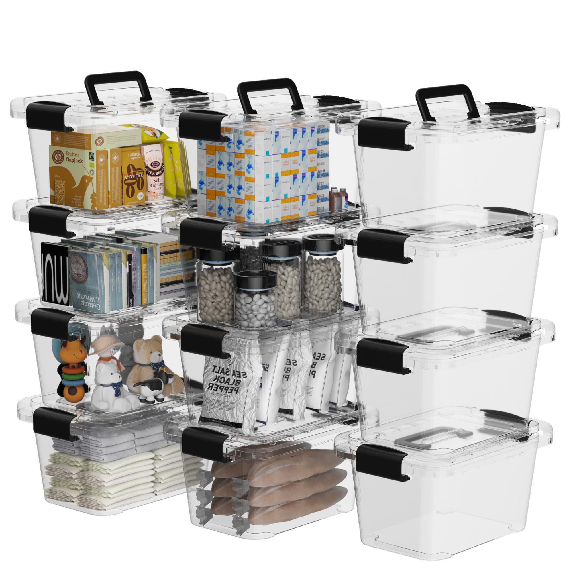 12Qt*12 Plactic Storage Bins, Stack Tote Storage Box with Handle, Clear, 12Quart-12 Pack