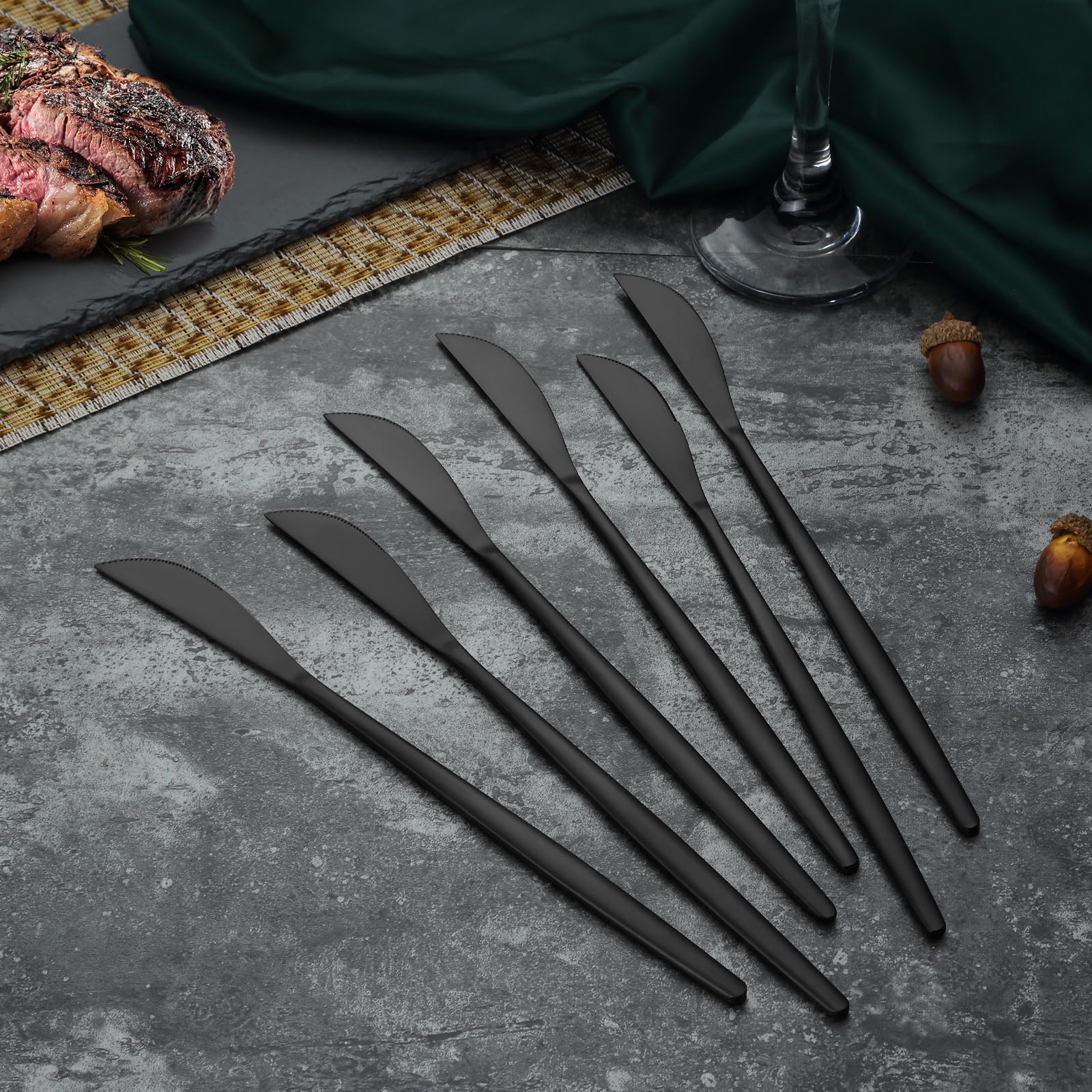 Pleafind coltelli da tavola 24 pezzi, coltelli acciaio inox 22 cm, set coltelli da tavola in Nero, coltello da burro, coltelli carne, coltello per la casa e il ristorante, lavabile in lavastoviglie