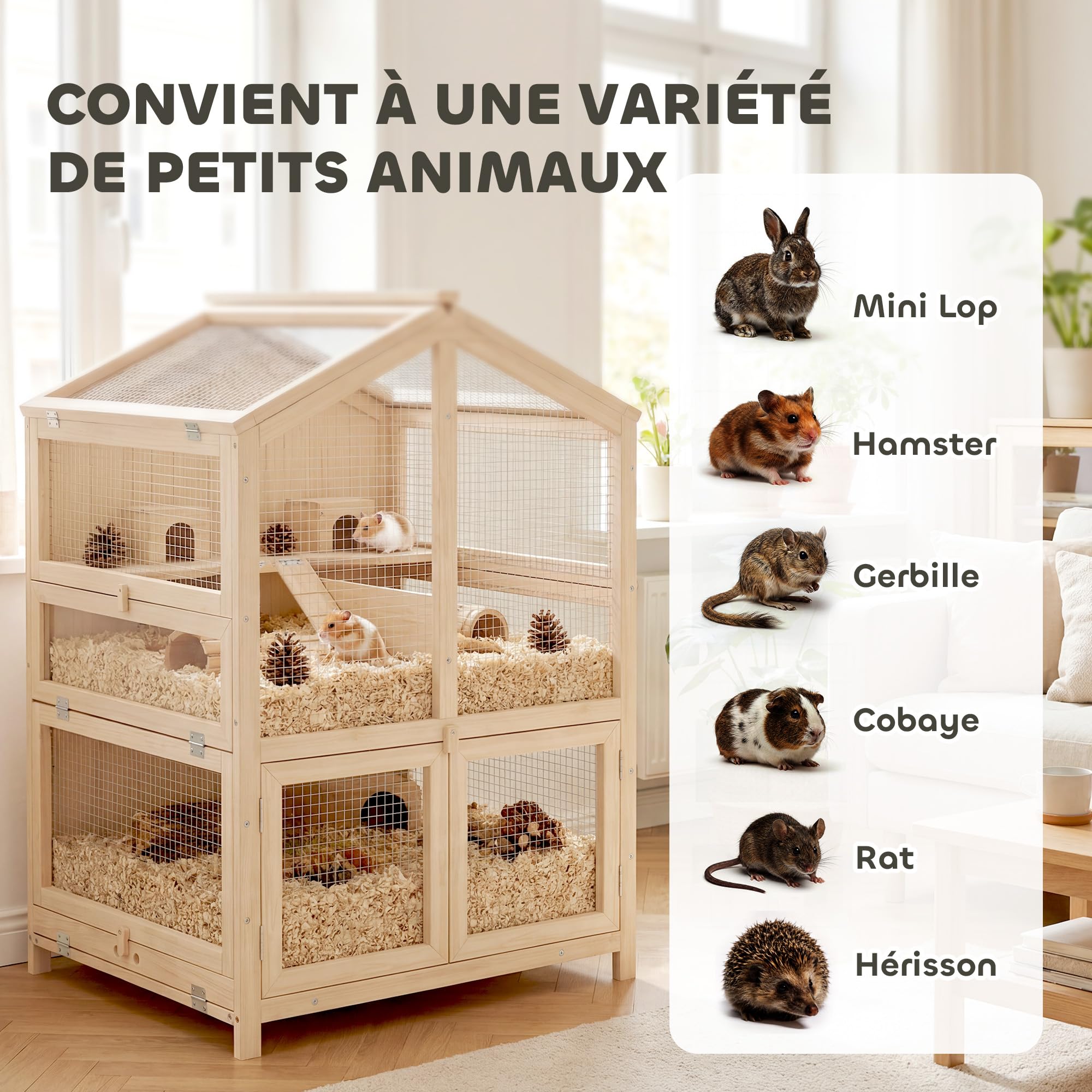 Pawhut Criceto a 3 piani in legno, vassoio rimovibile, 68 x 61,5 x 90 cm, naturale | Habitat per roditori, dondolo, bottiglia d'acqua, finestra, capanna, coperchio apribile, per piccoli animali