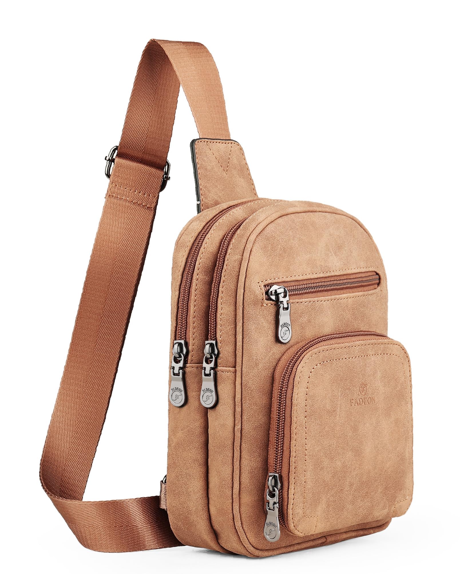 FADEON Women Sling Bags Designer Crossbody Bag, PU Leather Sling Purse Multi-Pocket Packs with Card Slot Suede Brown