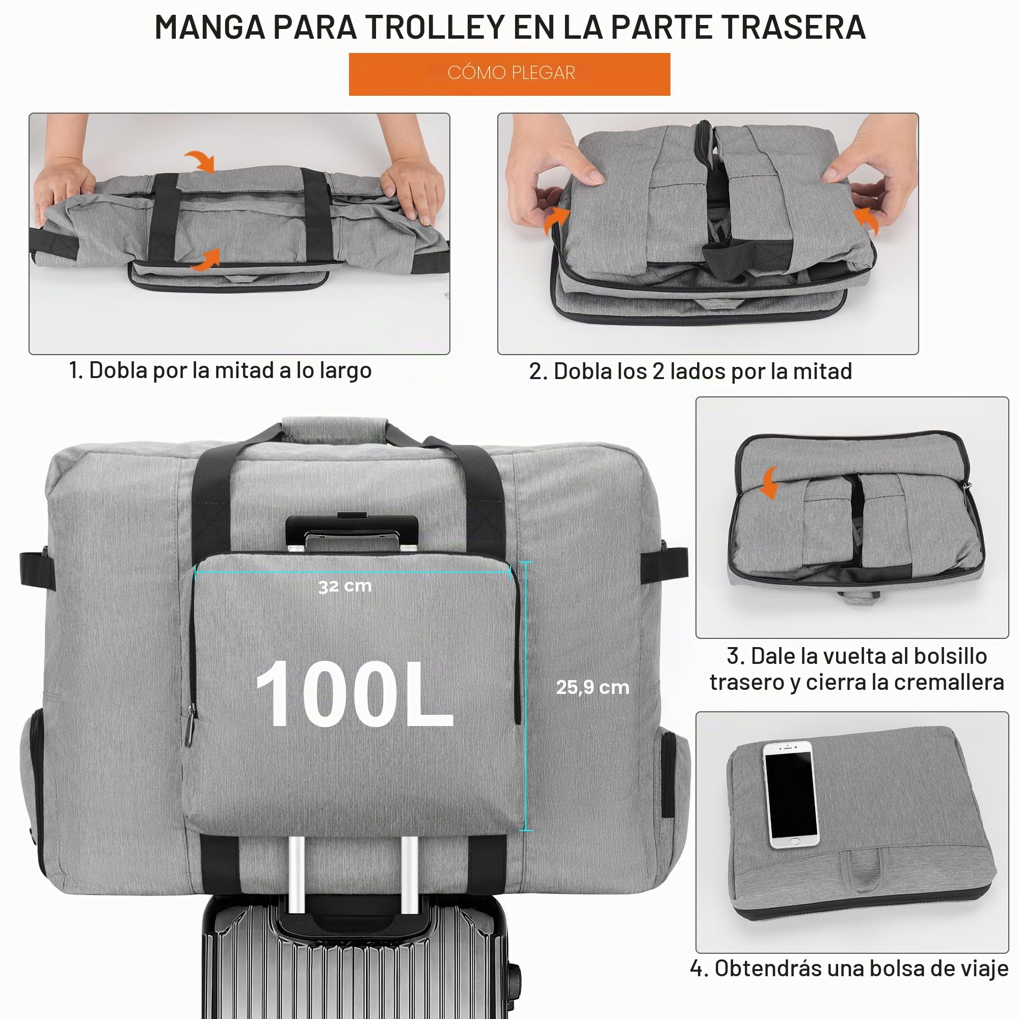Bolsa de Viaje Plegable 100L con Compartimento para Zapatos, Resistente al Agua y al Desgarro. Bolso de Viaje para Hombre y Mujer, Ideal para Viajes, Mudanzas y Fines de Semana