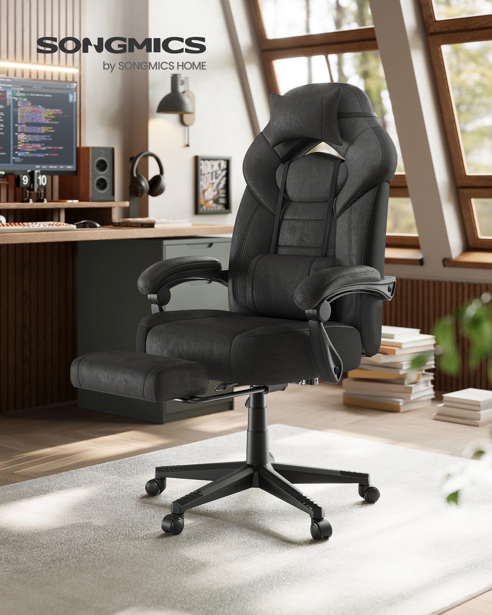 SONGMICS Fotel gamingowy, krzesło biurowe, krzesło komputerowe, ergonomiczny design, z podnóżkiem, regulowanym zagłówkiem, podparciem lędźwiowym, udźwig 150 kg, kolor czarny atramentowy OBG077BH21