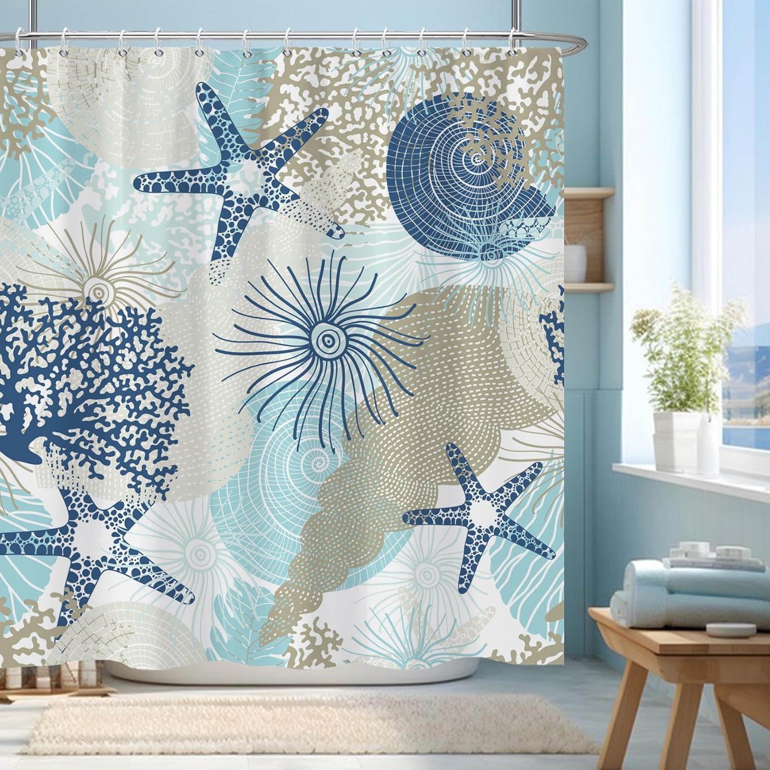 Amazon.com: Yanutan Blue Ocean Shower Curtain, Starfish Coral Nautical ...