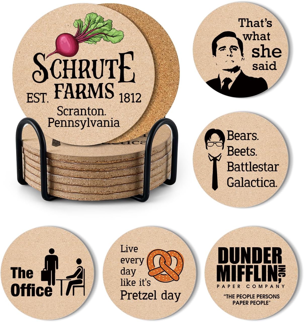 PWHINGN Funny The Office Coasters for Drinks - The Office Merchandise Coasters Set of 6 with Holder, The Office TV Show Gifts for Coffee Table, The Office Gifts for Man Women Fans