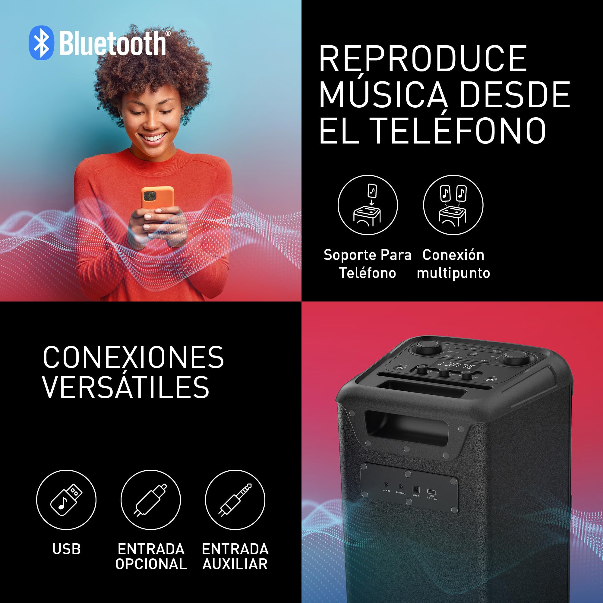 Panasonic SC-BMAX5E-K Altavoz Portátil para Fiestas con Bluetooth, Luces Integradas, 75 W, USB, Entrada Óptica para TV, Entradas de Guitarra y Micrófono para Karaoke, Negro