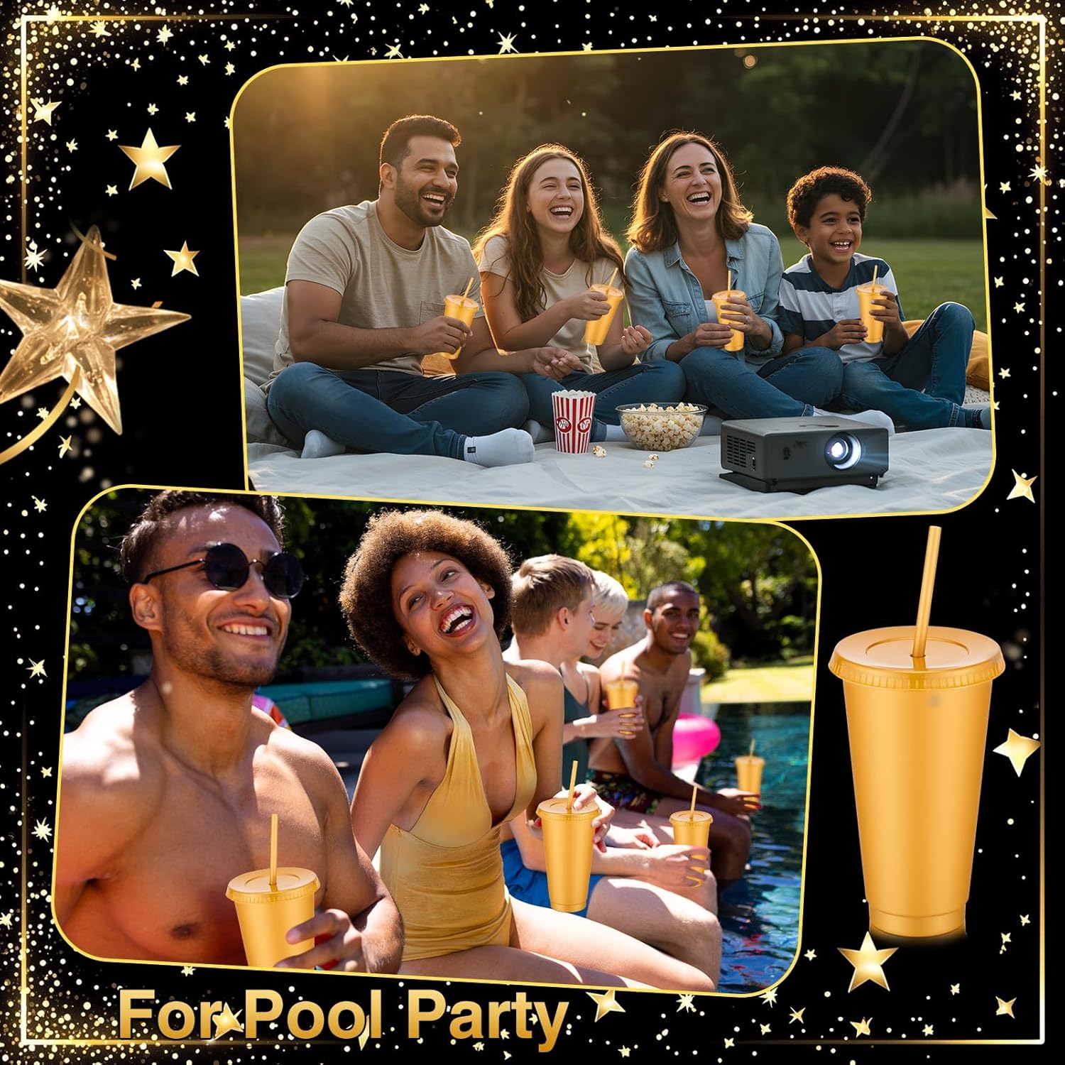 Amyhill 12 Pcs Reusable Glitter Cups with Lids and Straws 24 oz Plastic Tumbler Iced Coffee Cup Travel Mug for Smoothie Juice Birthday Sleepover Party Supplies for Valentine Girl(Gold) - Image 7