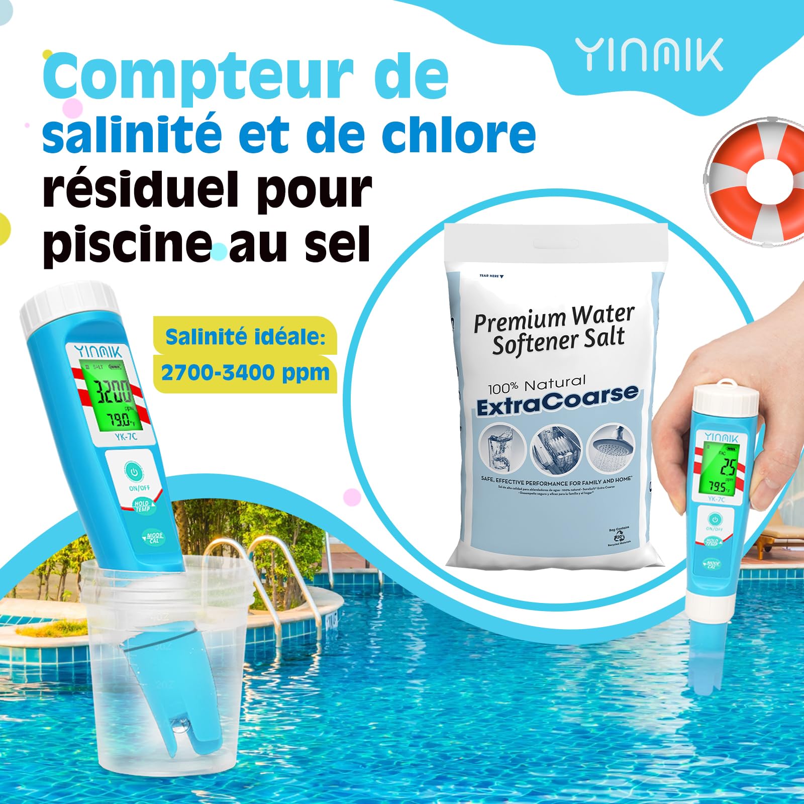 YINMIK Testeur Chlore Piscine, Testeur pH et Chlore, Testeur pH Sel Piscine,Testeur pH Electronique Tester le Bain d'eau Salée du Bain,Hydroponique, Spa