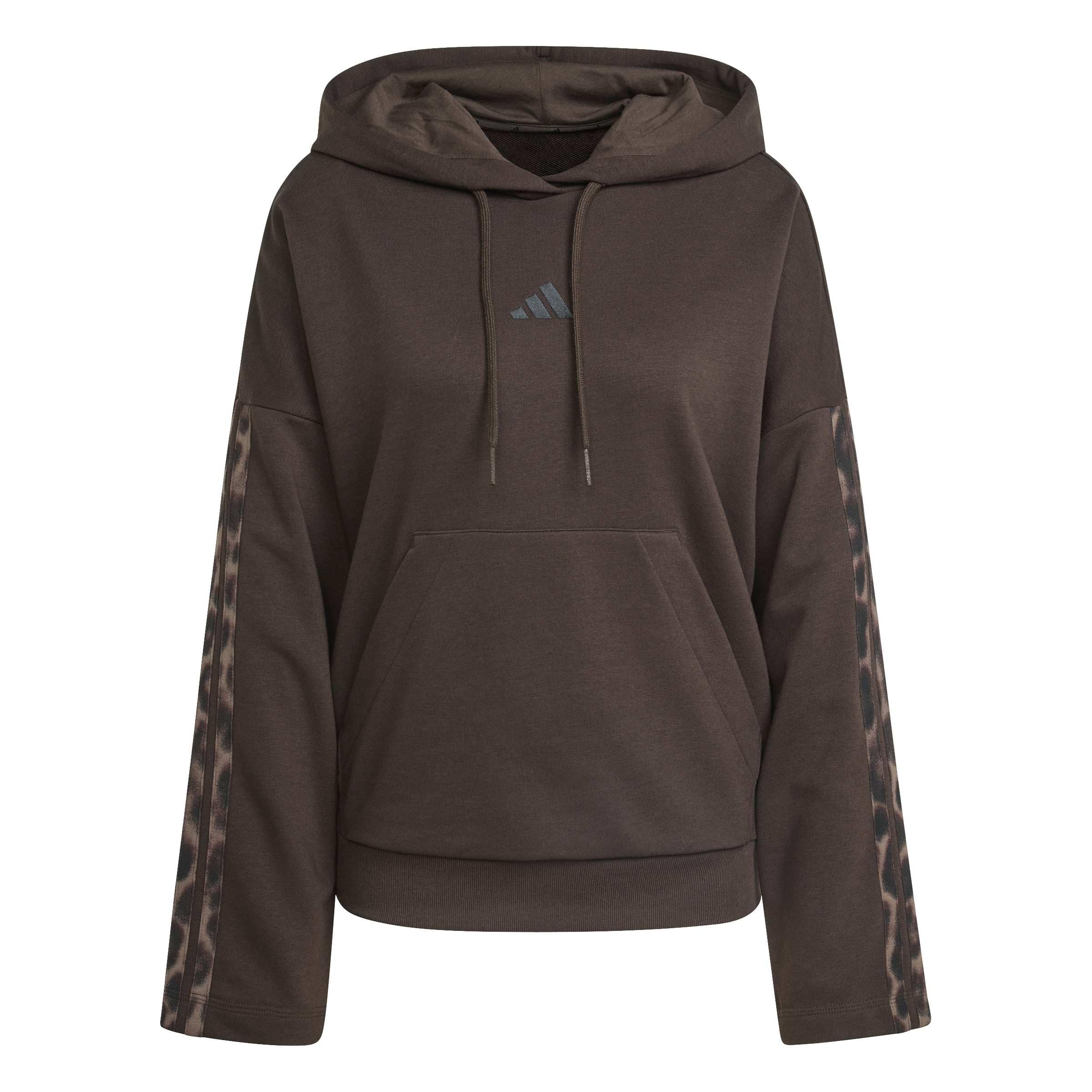 adidas Women's Seasonal Essentials Leopard Print French Terry Hoodie with 3-Stripes, Aurora Coffee/MULTICOLOR, S