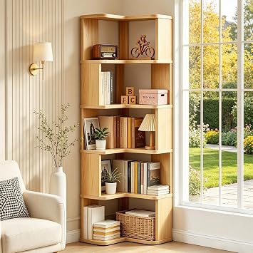 6-Tier L-Shaped Corner Bookshelf, Natural Pine Wood Open Bookcase for Books and Decor, Large Capacity Display Shelf for Small Spaces, Living Room, Bedroom, Home Office Storage Organizer, Tall
