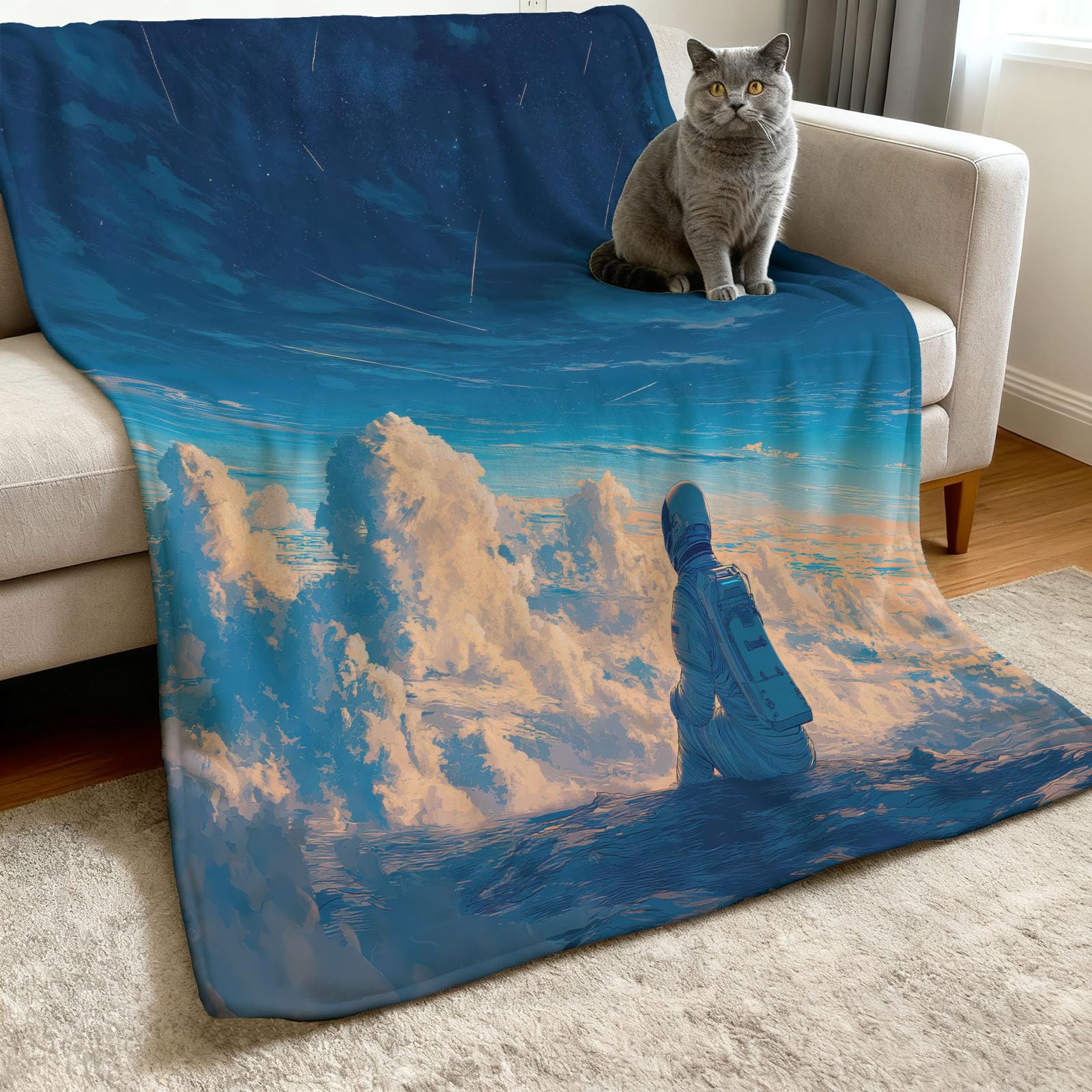 Manta mullida de 180 x 220 cm – Manta de franela suave y romántica reversible para sofá, astronauta, cielo estrellado, nubes, manta de forro polar, manta extra cálida para el salón, camping o oficina