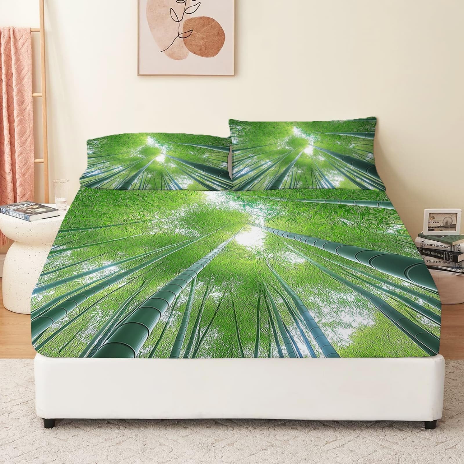 Sábana Ajustable Impresa 160 X 200 Cm X30Cm Transpirable Tacto Suave Sábana Bosque De Bambú Verde Tranquilidad Sábana Bajera Verde Oscuro Verde Claro Juego De Cama para con 2 Fundas De Almohada