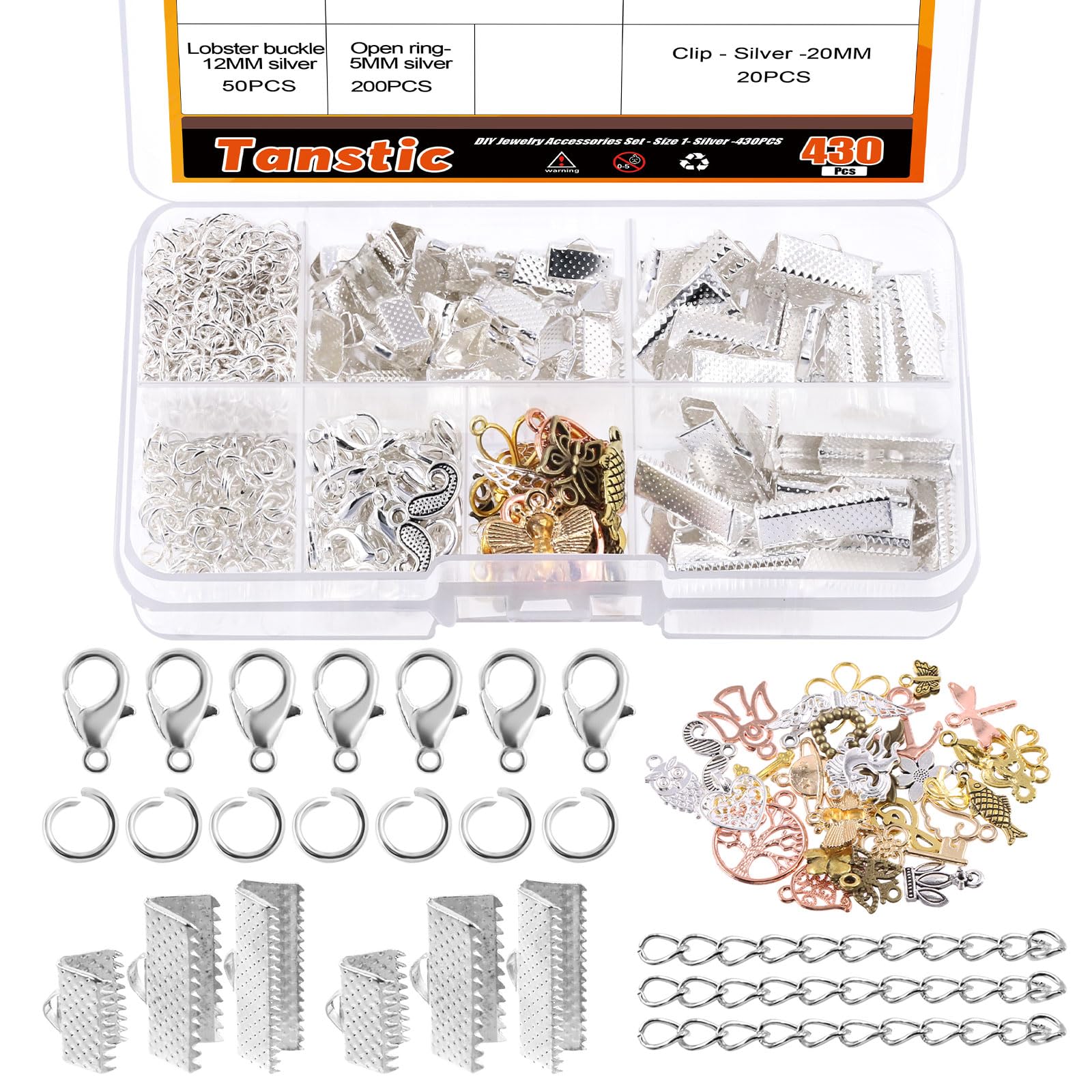 Tanstic 430Pcs Silver Ribbon Ends Fastener Clasps Kit, Bookmark Pinch Crimp Ends with Open Jump Rings, Lobster Claw Clasps