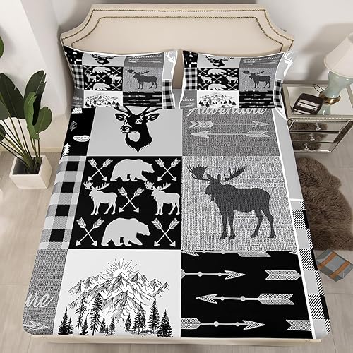 Miniatura 45 de Sábana bajera ajustable de oso de caza, juego de ropa de cama a cuadros de búfalo, sábanas de retazos de cabaña rústica para niños, niños, Multi