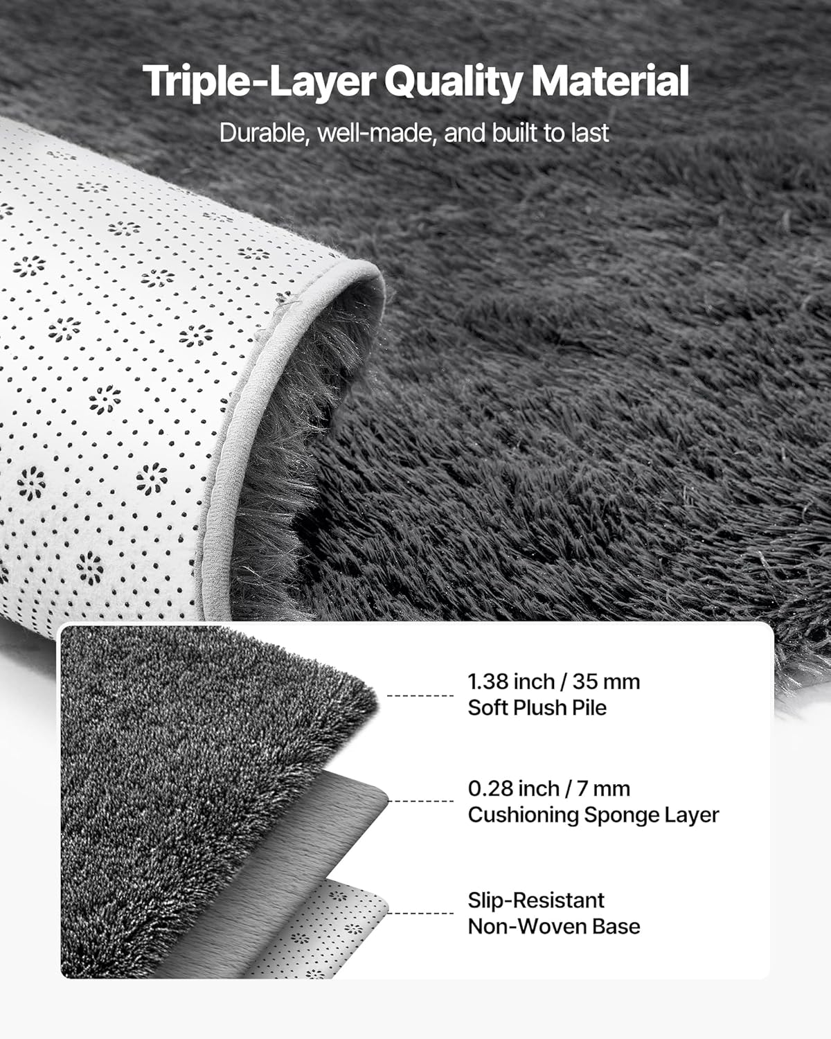 VEVOR Indoor Plush Area Rug, 5x8 ft Plush Carpet, Living Room Area Rug Fluffy with Triple-Layer Material, Grey Soft Thick Pile Shag Rugs for Bedroom Sunroom, Non-Shedding & Non-Woven, Slip-Resistant