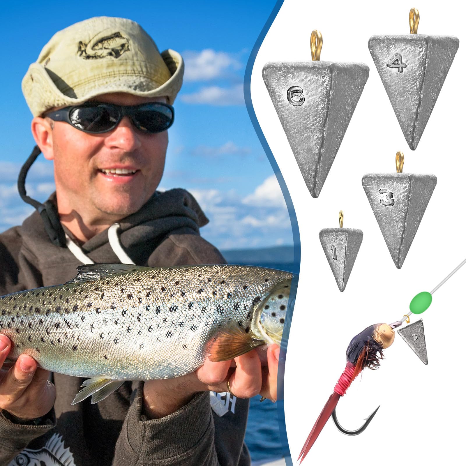Zhanmai Kit de 42 piezas de pesas de pesca para pesca de plomo, pirámide, plomos de pesca de agua salada, plomos de pesca de róbalo, fundición en 1 oz, 3 oz, 4 oz, 6 oz