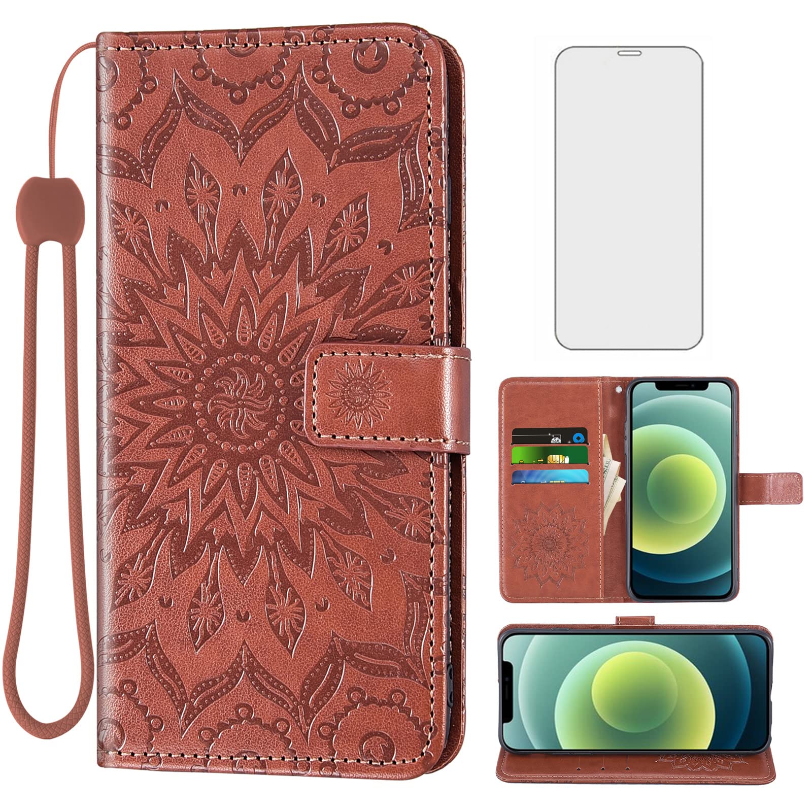 Phone Case for iPhone 12 Mini 5.4 Wallet Cases with Tempered Glass Screen Protector and Leather Slim Flip Cover Card Holder Stand Cell Accessories