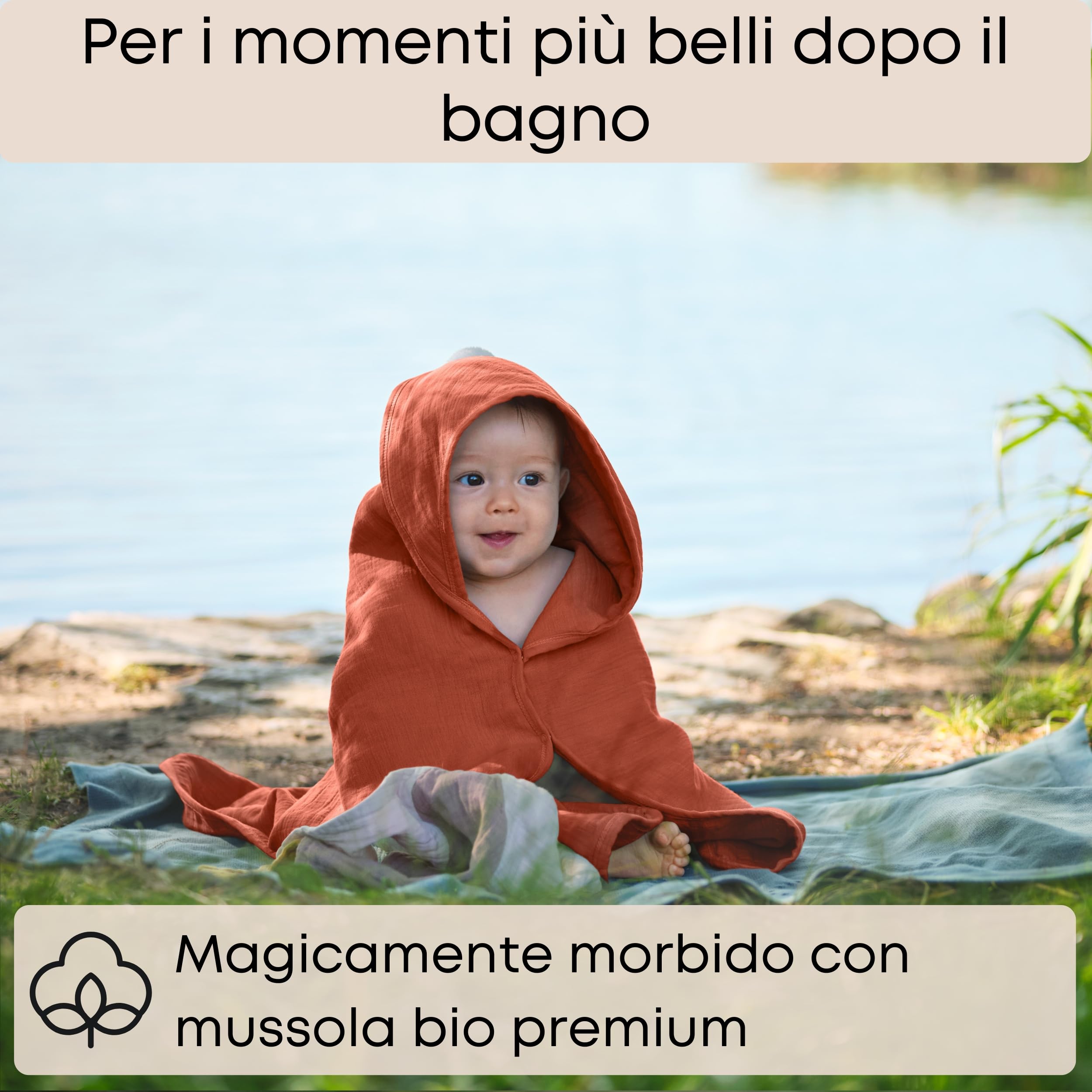 accappatoio neonato 0-3 mesi a 3 anni I 75x75cm I EXTRA morbido e assorbente I Mussola di cotone bio 4 strati GOTS I asciugamano neonato bagnetto I Lavabile 40°C I Asciugamano con cappuccio