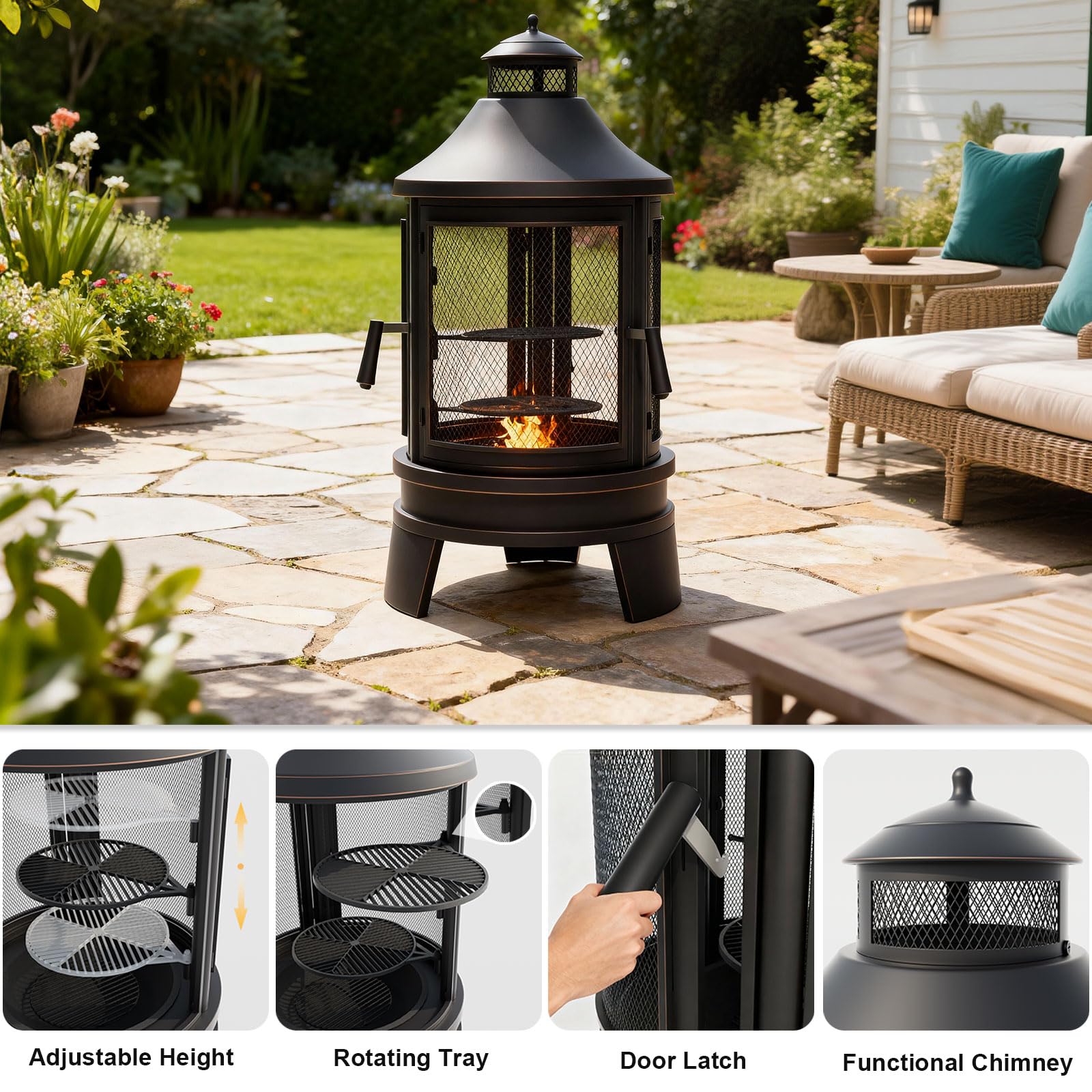 ALAULM Braciere in metallo con griglia, braciere 2 in 1 con griglia regolabile e porta zanzariera a rete, camino a 3 porte multi-accesso per patio, giardino e cortile