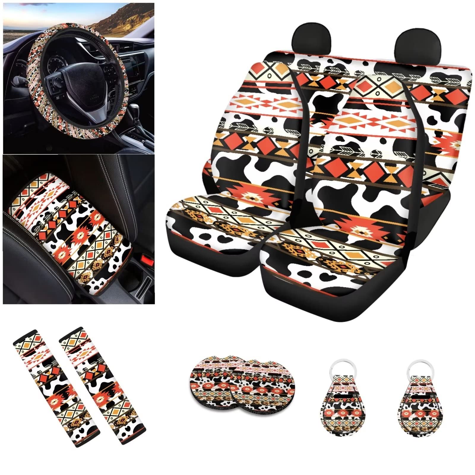 Leopard Print Steering Wheel Cover 17-Piece Aztec Cow Print Car