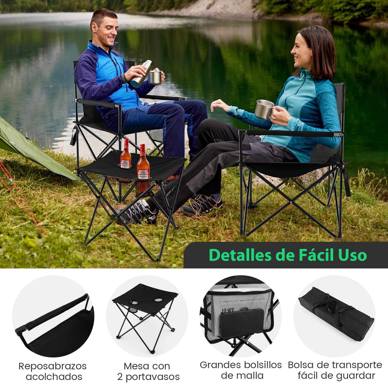 COSTWAY Juego de Sillas Camping Plegable y Mesa, 2 Sillas Camping Portátil y Mesa Auxiliar con 2 Portavasos, Bolsa de Transporte, Pesca, Picnic, Barbacoa, Negro