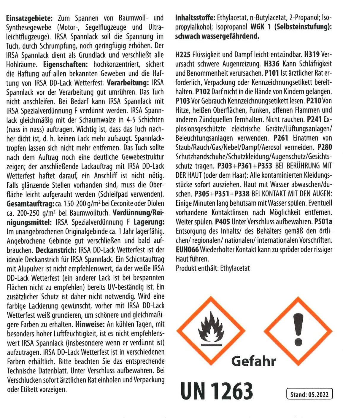 IRSA Spannlack, 1 Liter, Modellflugzeug, Flugzeug, Ultraleicht-Flugzeug, Flugzeuglack